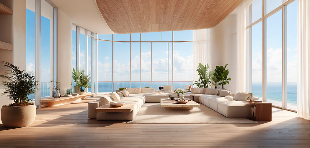 Luxury living room with ocean view in one of the Penthouses in Miami Beach