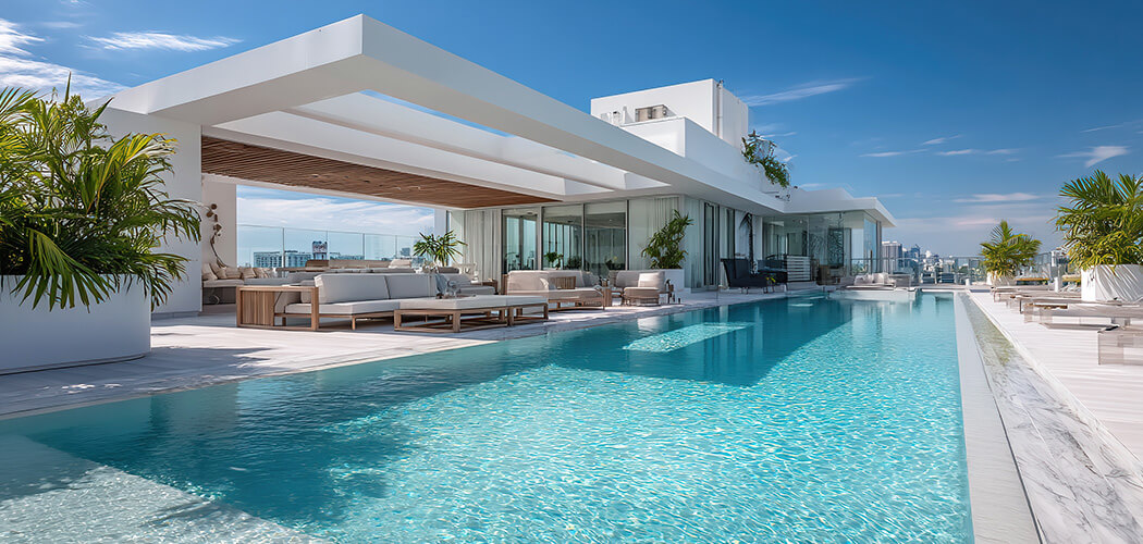 Elegant rooftop pool area from a high-end residence in Miami, part of exclusive Beach penthouses