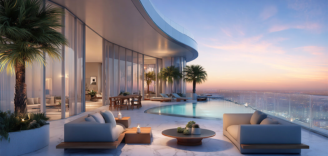 Stunning sunset view from the luxury terrace and infinity pool of a penthouse for sale in Miami