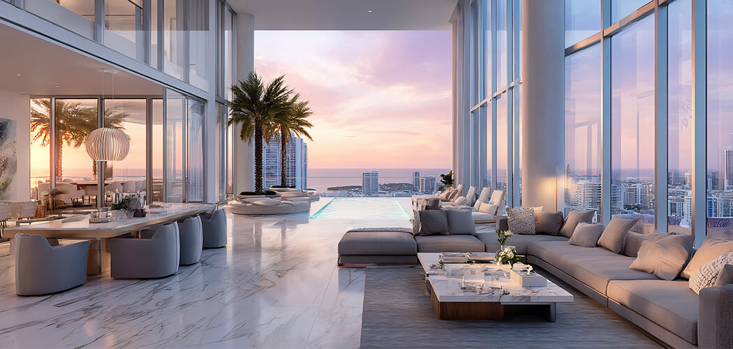 Elegant living space with panoramic ocean views and infinity pool in a penthouse for sale in Miami