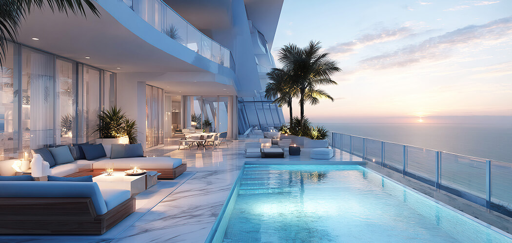 Oceanfront terrace with infinity pool and luxury lounge area at Miami Penthouse