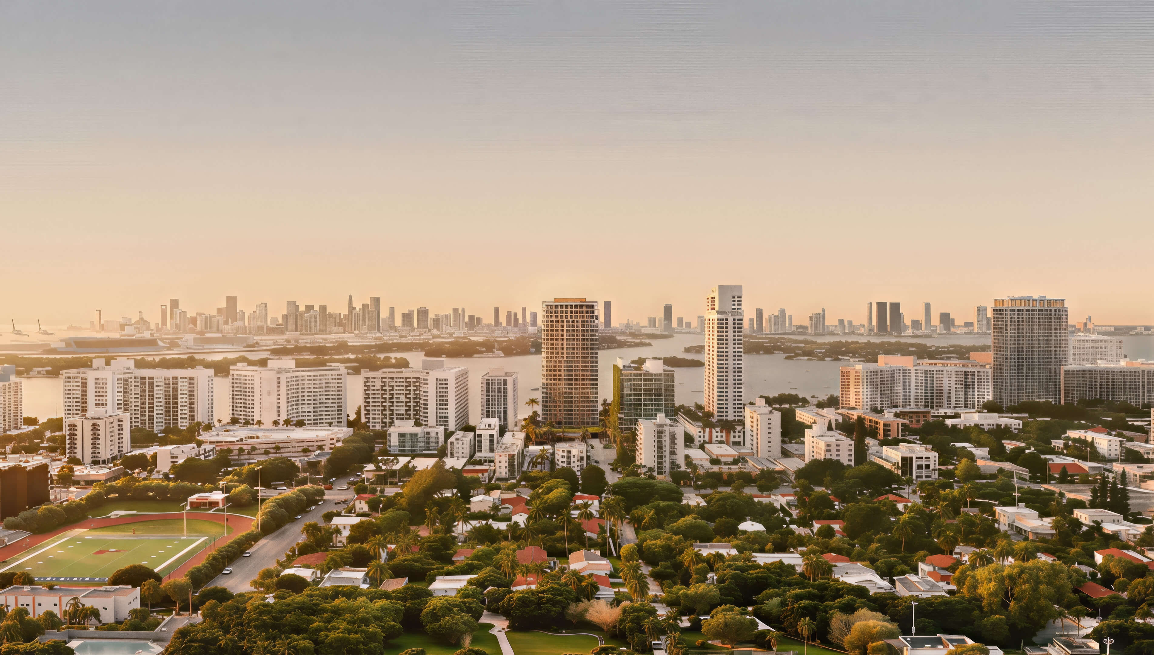 Aerial view of the neighborhood surrounding 1250 West Avenue Residences, with the bay and distant skyline at dusk.