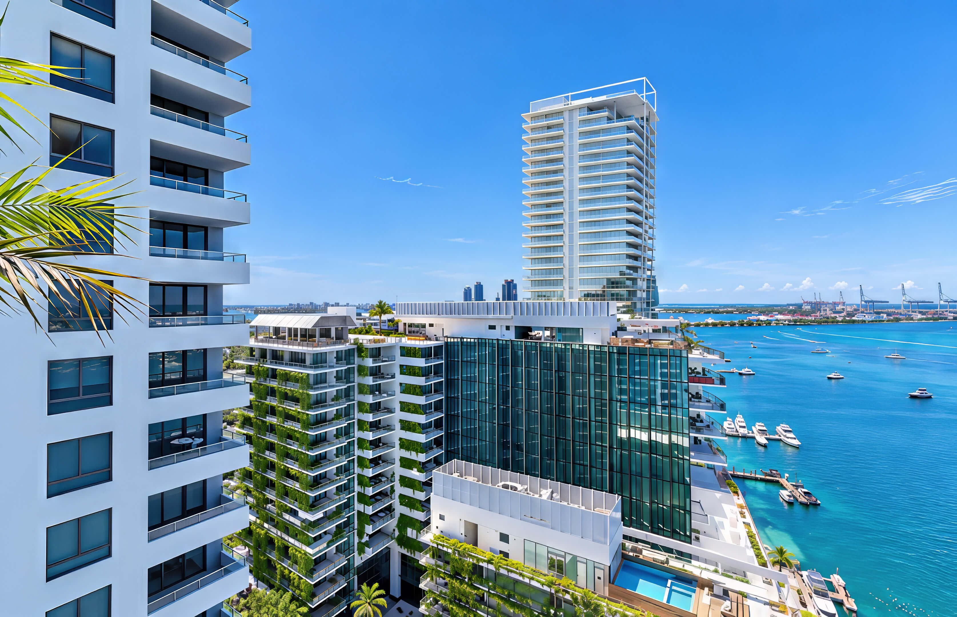View toward 1250 West Avenue Residences and the bay, framed by neighboring waterfront buildings.