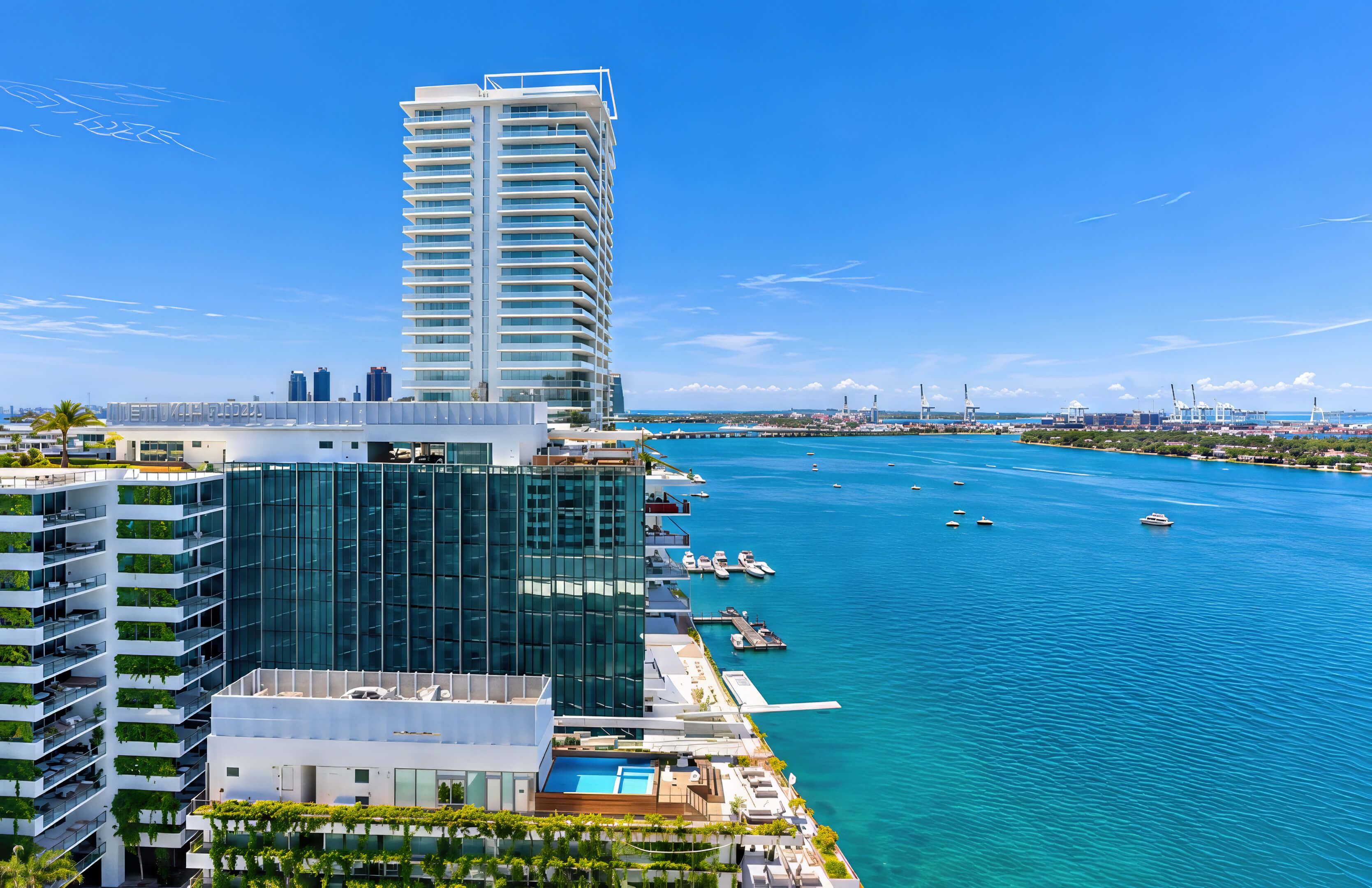 Elevated waterfront view of 1250 West Avenue Residences, with surrounding buildings, boats, and blue bay waters.