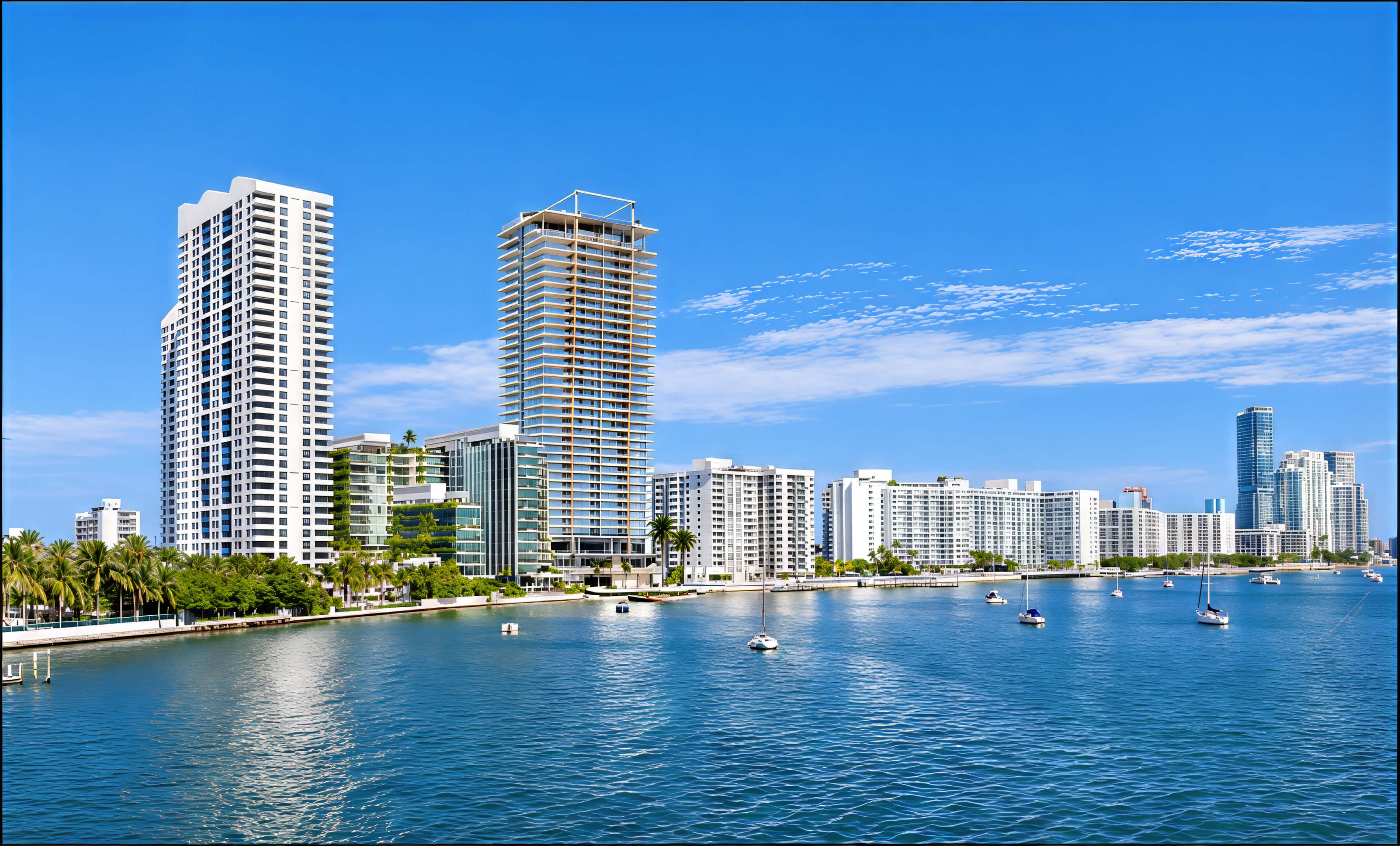 Panoramic view of 1250 West Avenue Residences among waterfront towers, with boats on the bay.