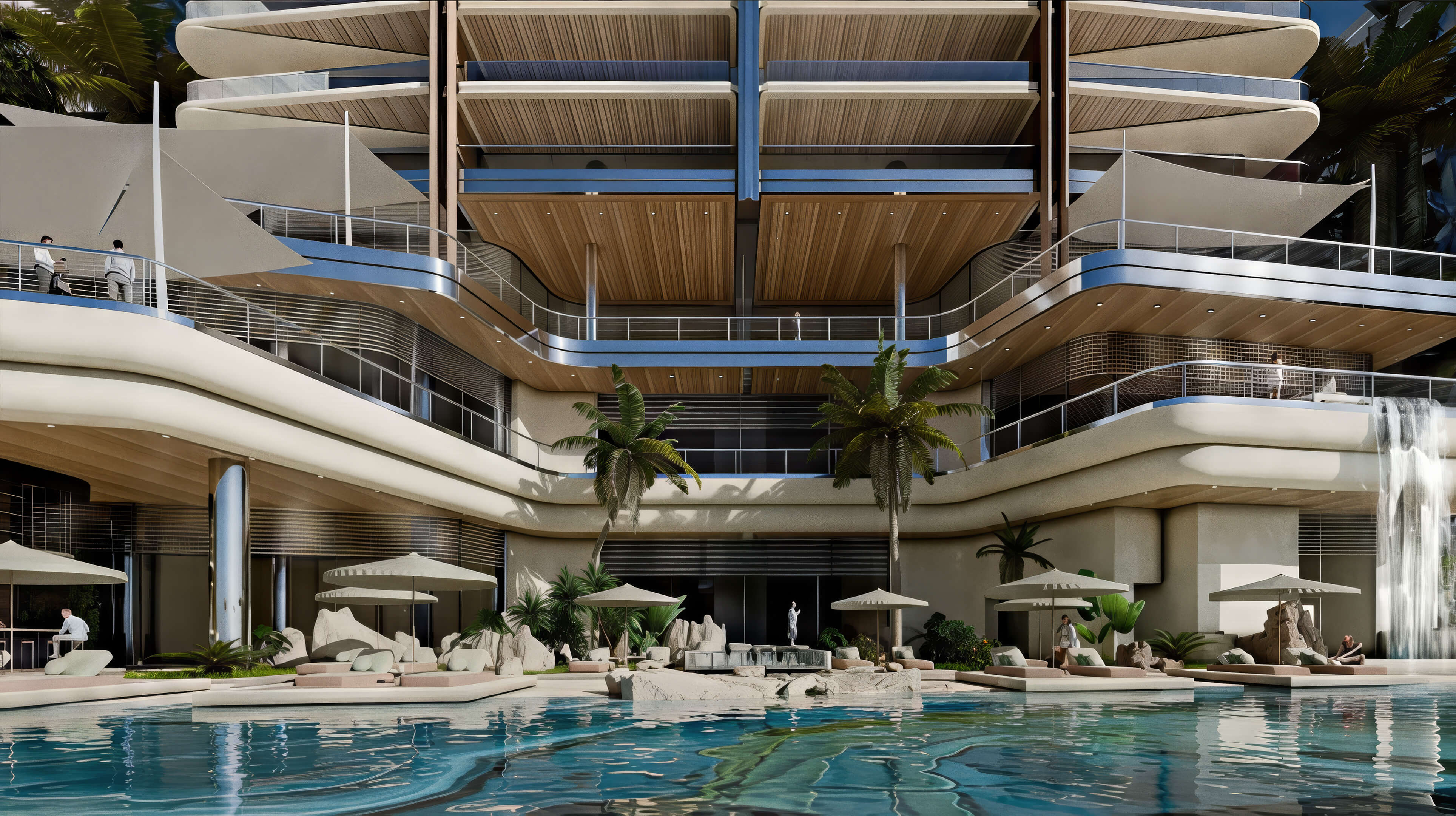 Pool at 1250 West Avenue Residences with sun loungers, umbrellas, and curved terraces above.