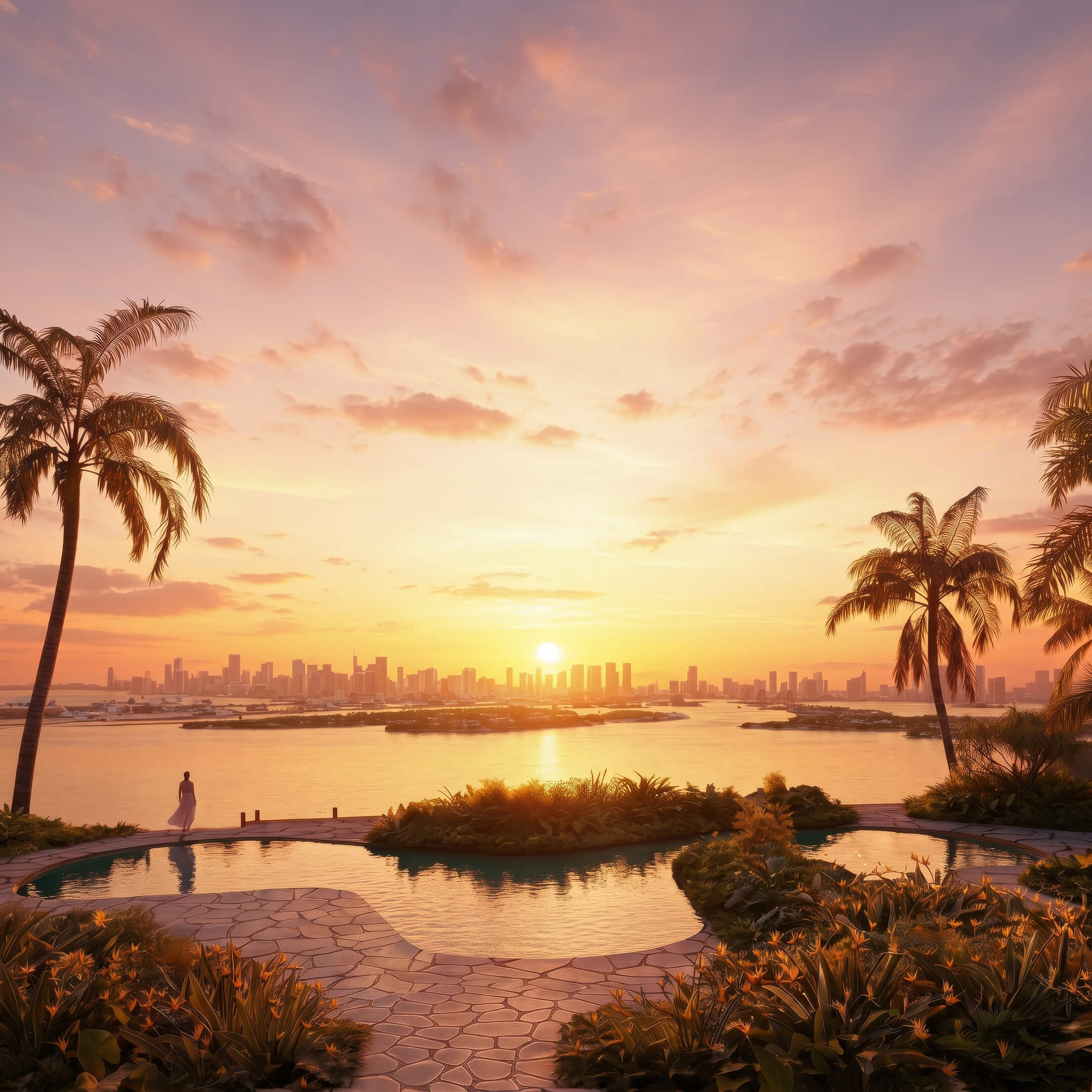 Sunset bay view at 1250 West Avenue Residences, with palm trees, a curved pool, and the distant skyline.