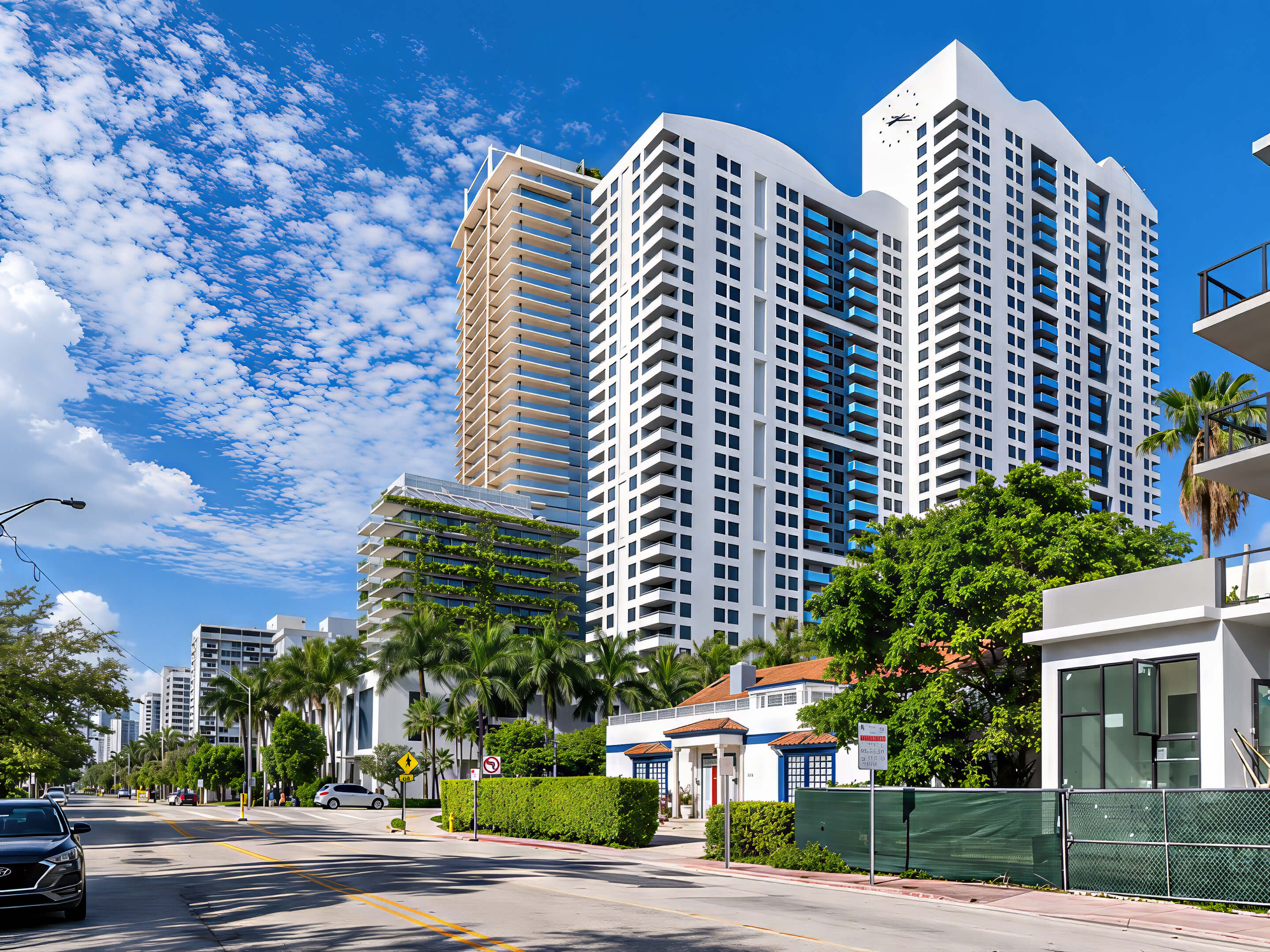 View along West Avenue toward 1250 West Avenue Residences, with neighboring towers and landscaped facades.
