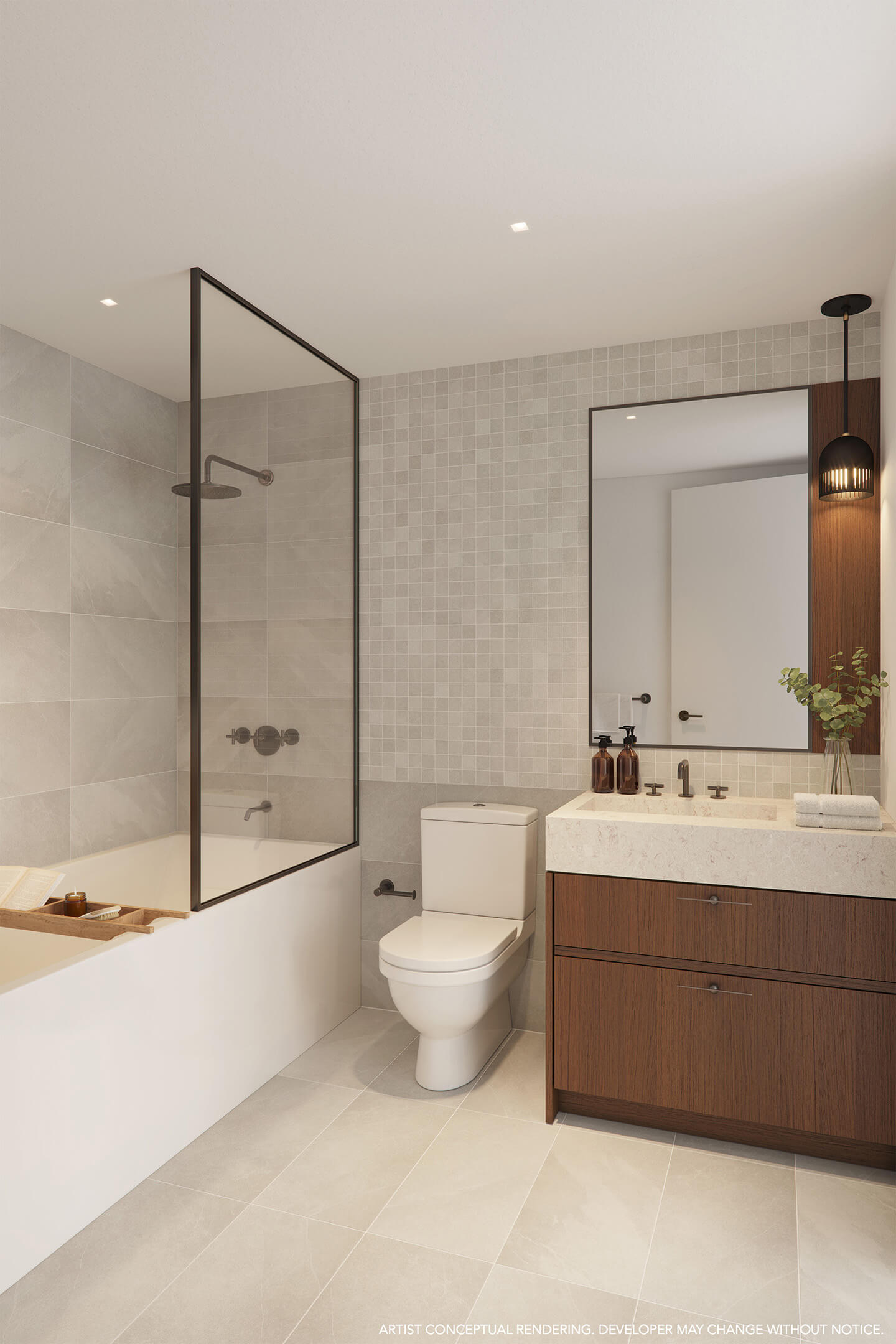 Luxury bathroom interior at 2200 Brickell Residences with glass shower, bathtub and wood vanity
