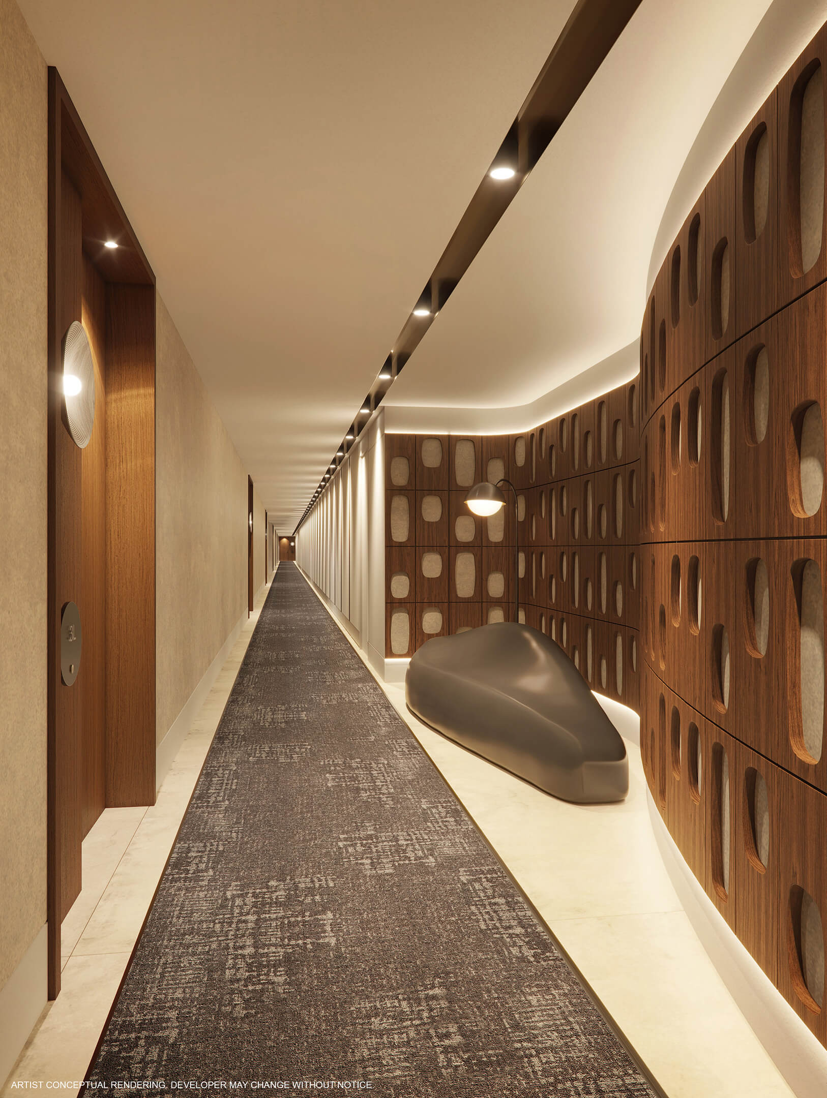 Modern residential hallway at 2200 Brickell Residences with wood paneling and ambient lighting