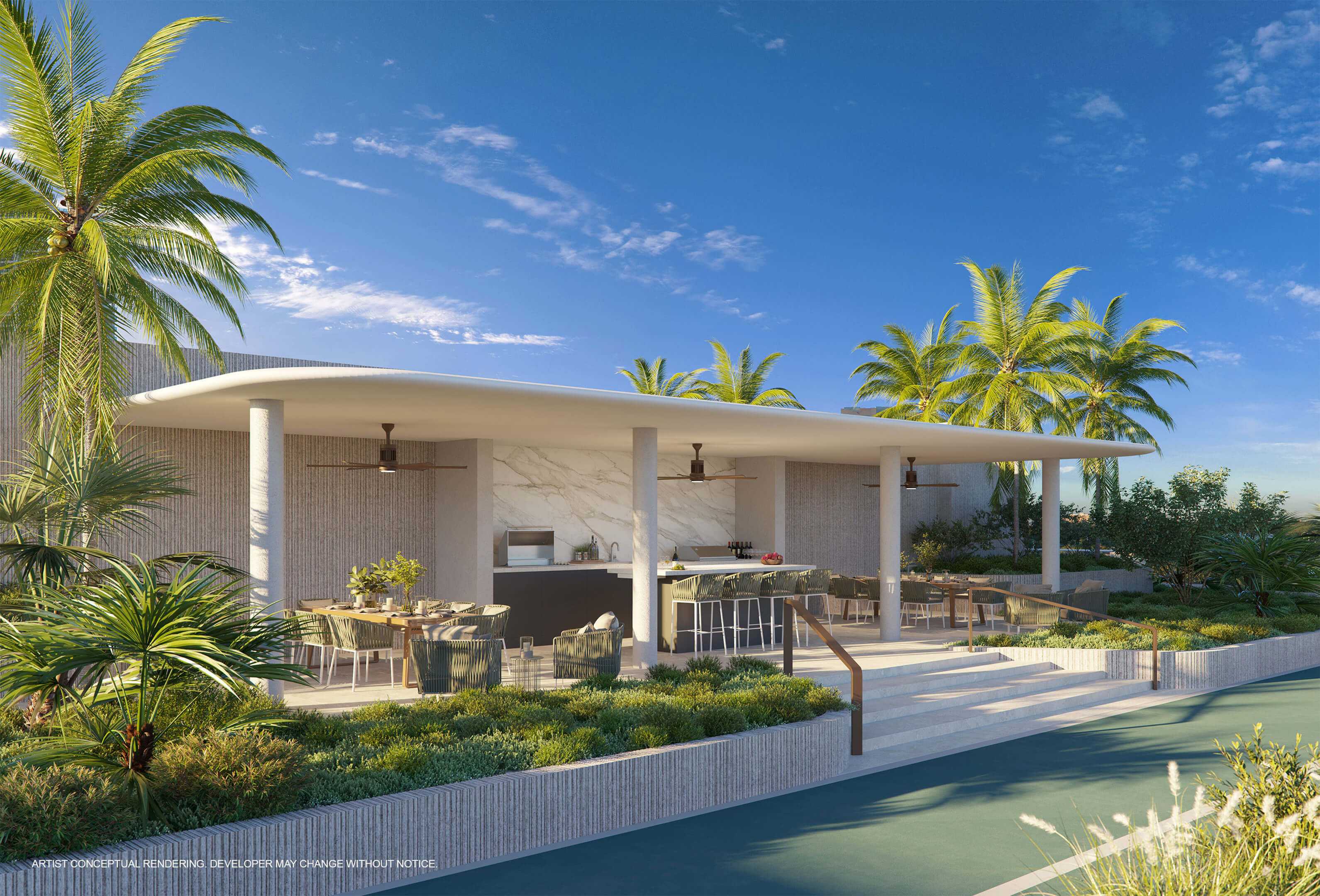 Private outdoor terrace at 2200 Brickell Residences with lounge seating, dining area and summer kitchen
