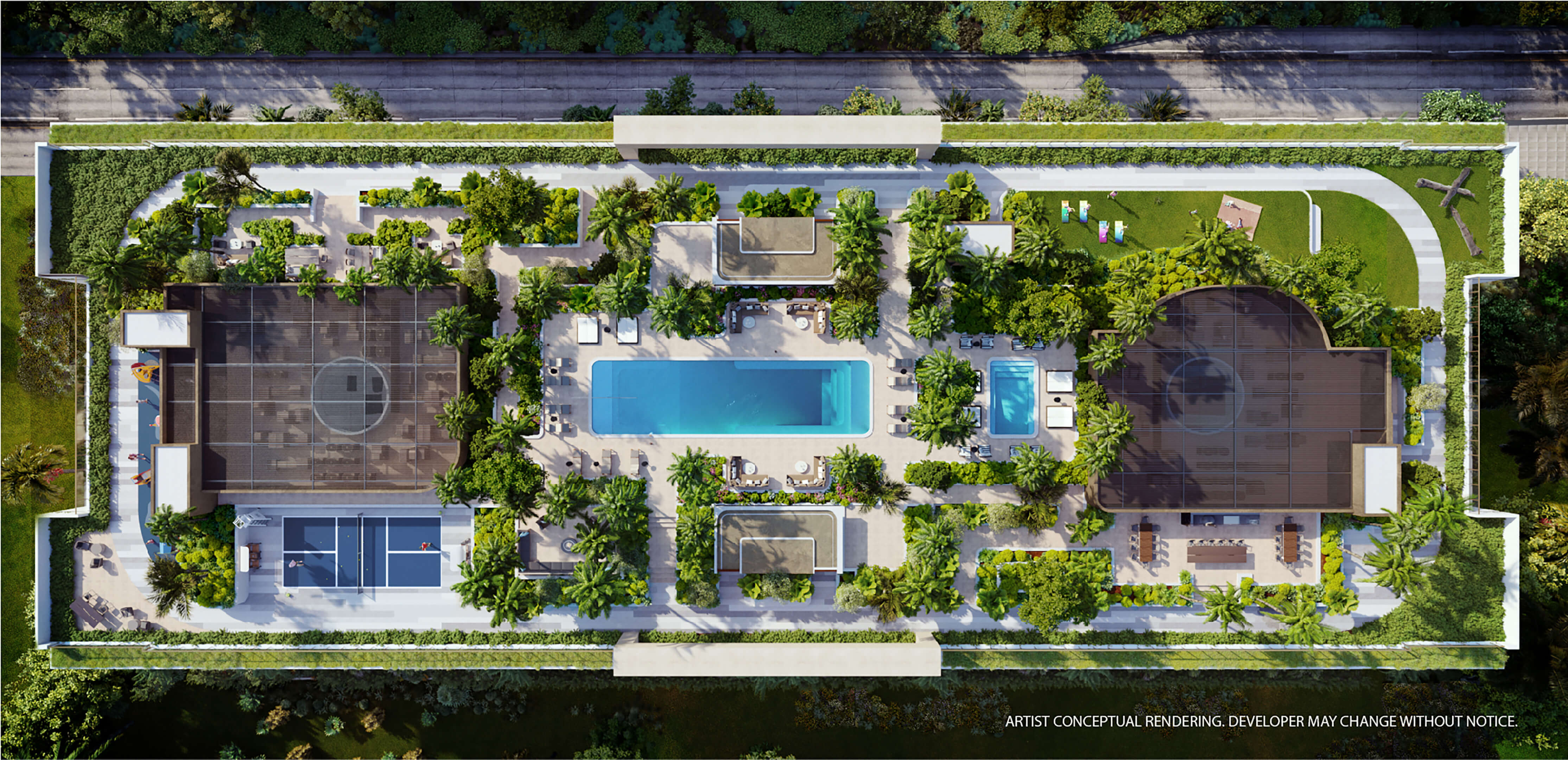 Aerial view of rooftop amenities at 2200 Brickell Residences with pools, sports courts and landscaped spaces