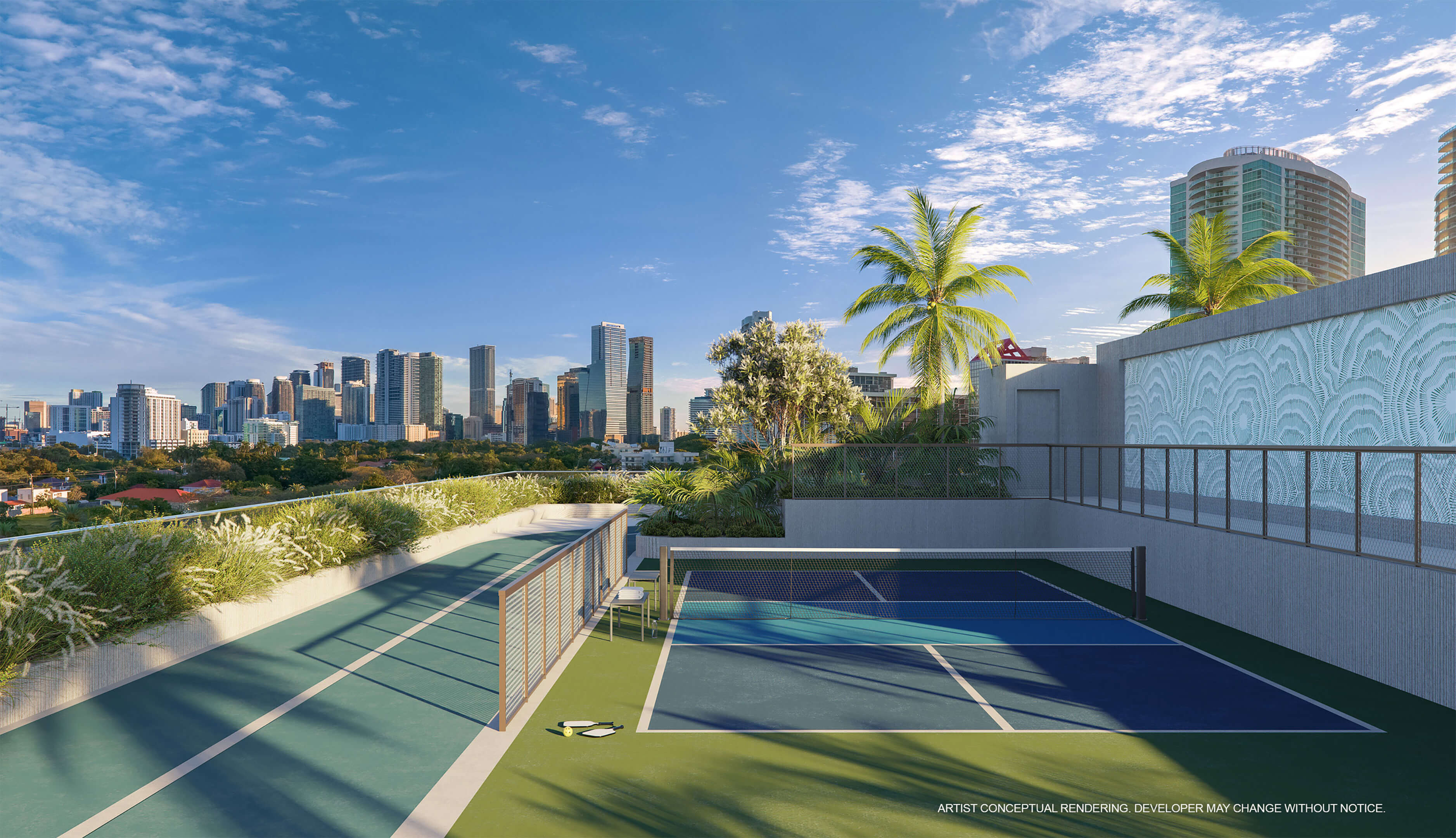 Rooftop pickleball court at 2200 Brickell Residences overlooking the Miami skyline