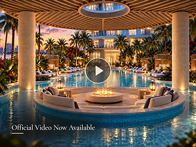 619 Brickell Residences Nobu official video thumbnail with a waterfront pool and play button