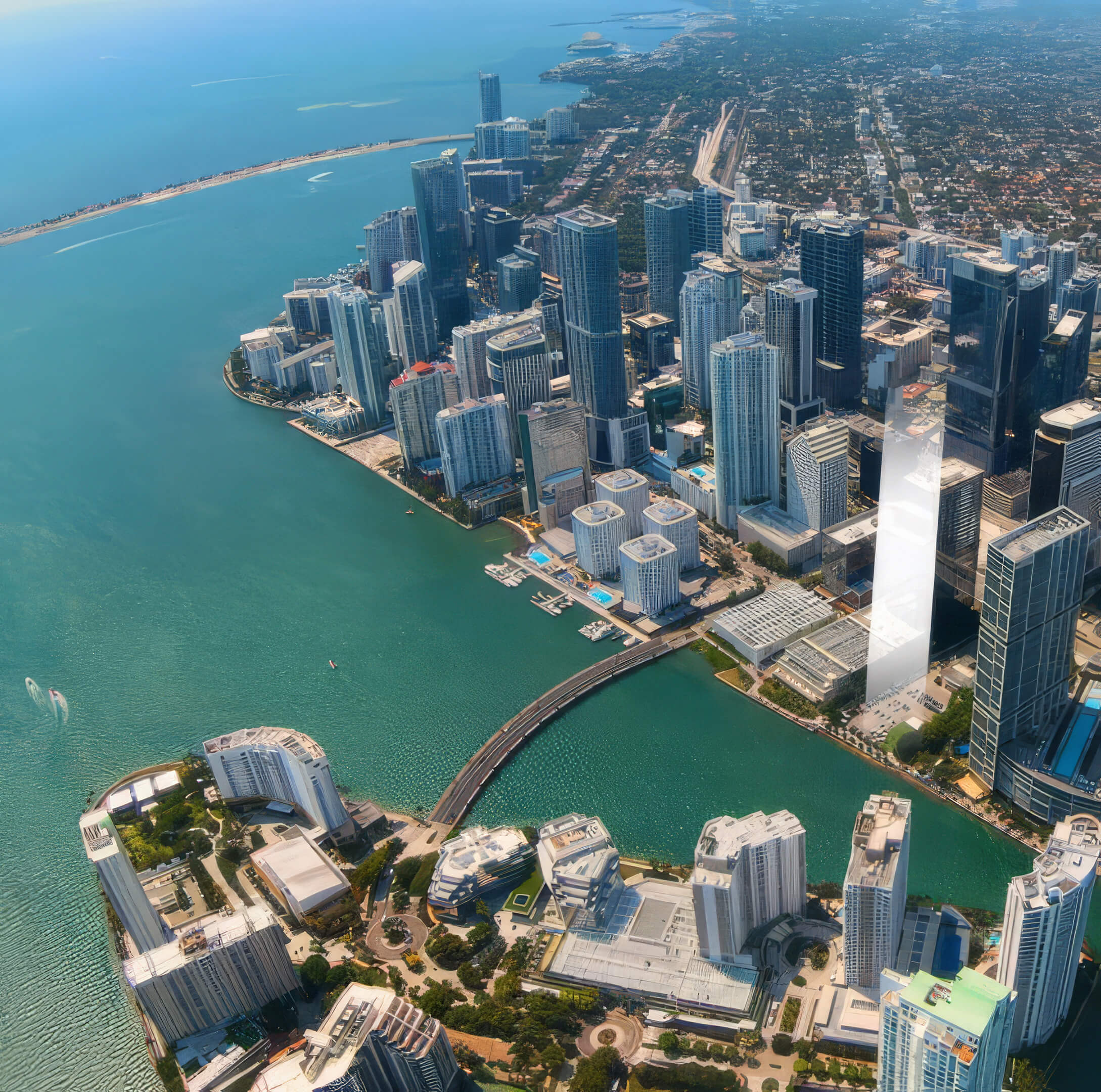Aerial downtown Miami waterfront view near 619 Brickell Residences with Biscayne Bay and city skyline