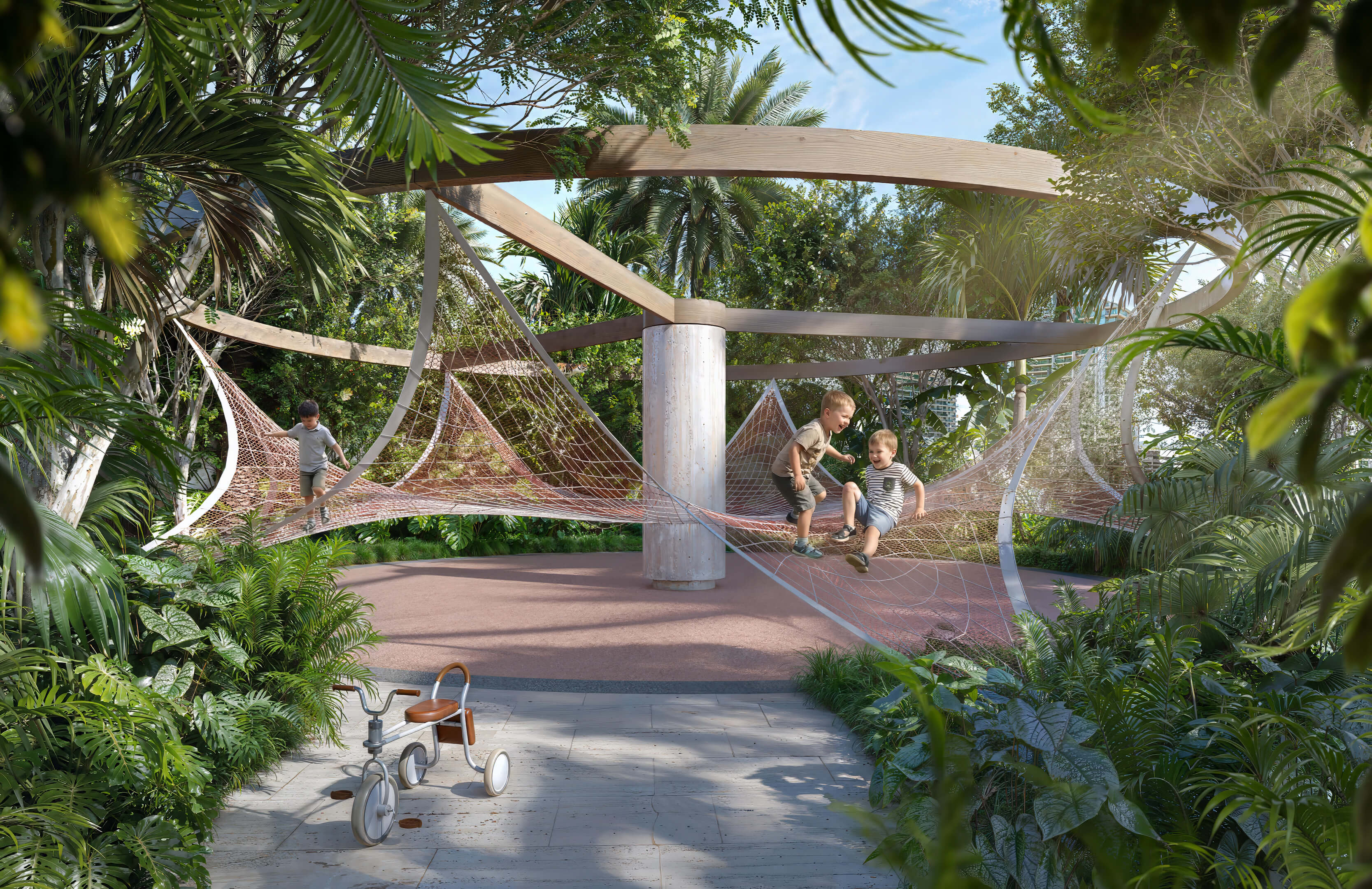 Children's play area at 619 Brickell Residences with climbing nets, shaded design, and lush tropical gardens