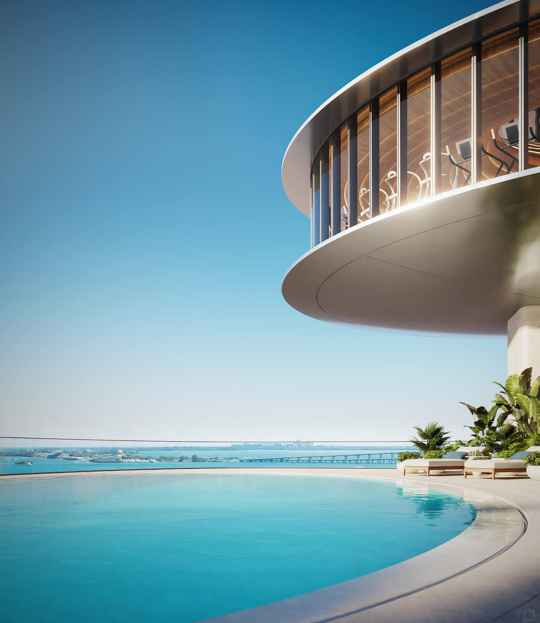 Infinity pool at 619 Brickell Residences with curved architecture, lounge chairs, and Biscayne Bay views