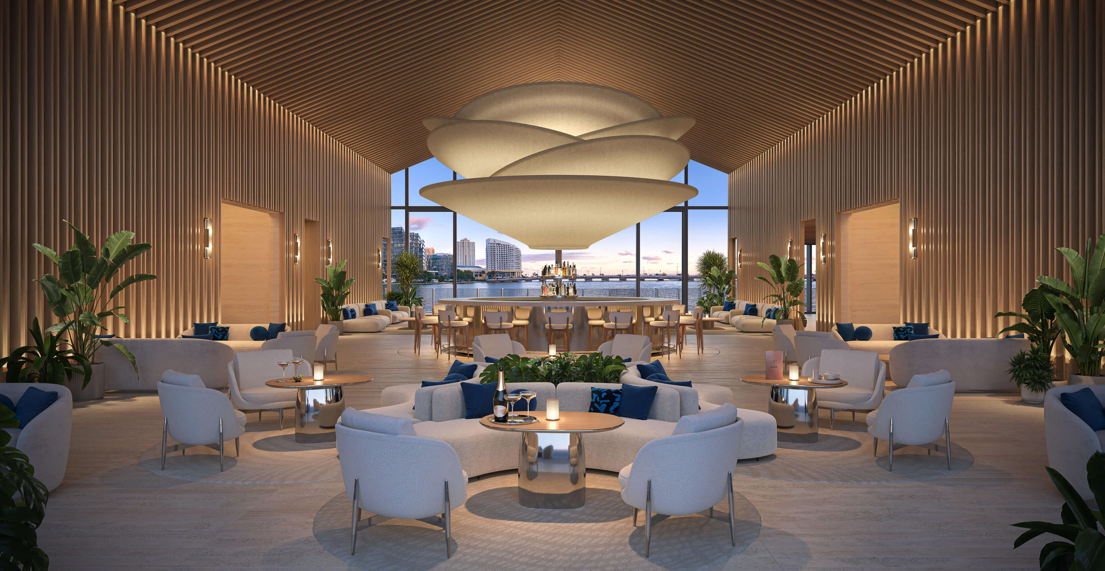 Luxury lounge and bar at 619 Brickell Residences with waterfront views and elegant modern design