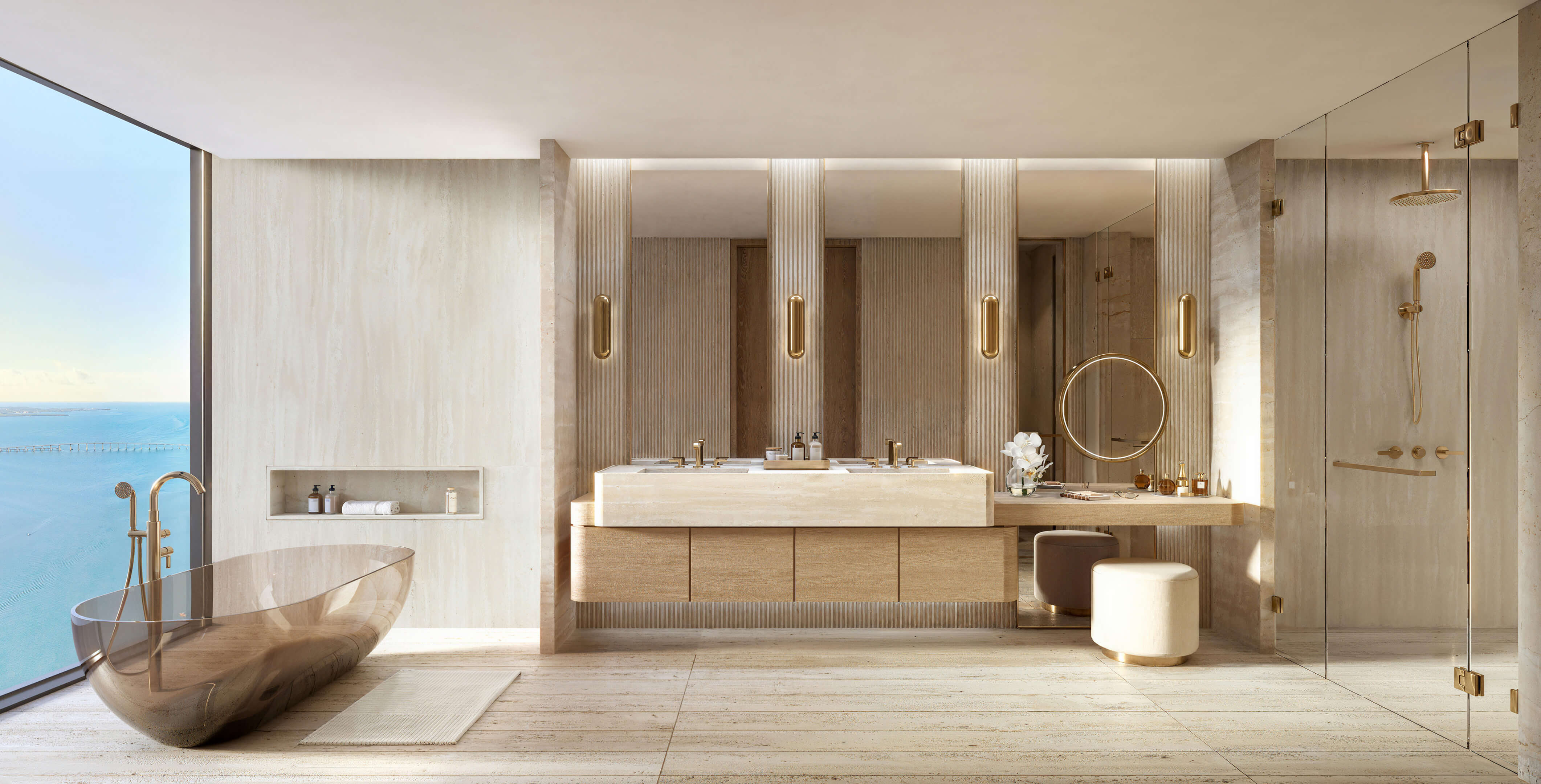 Luxury primary bathroom at 619 Brickell Residences with soaking tub, glass shower, dual vanity, and Biscayne Bay view