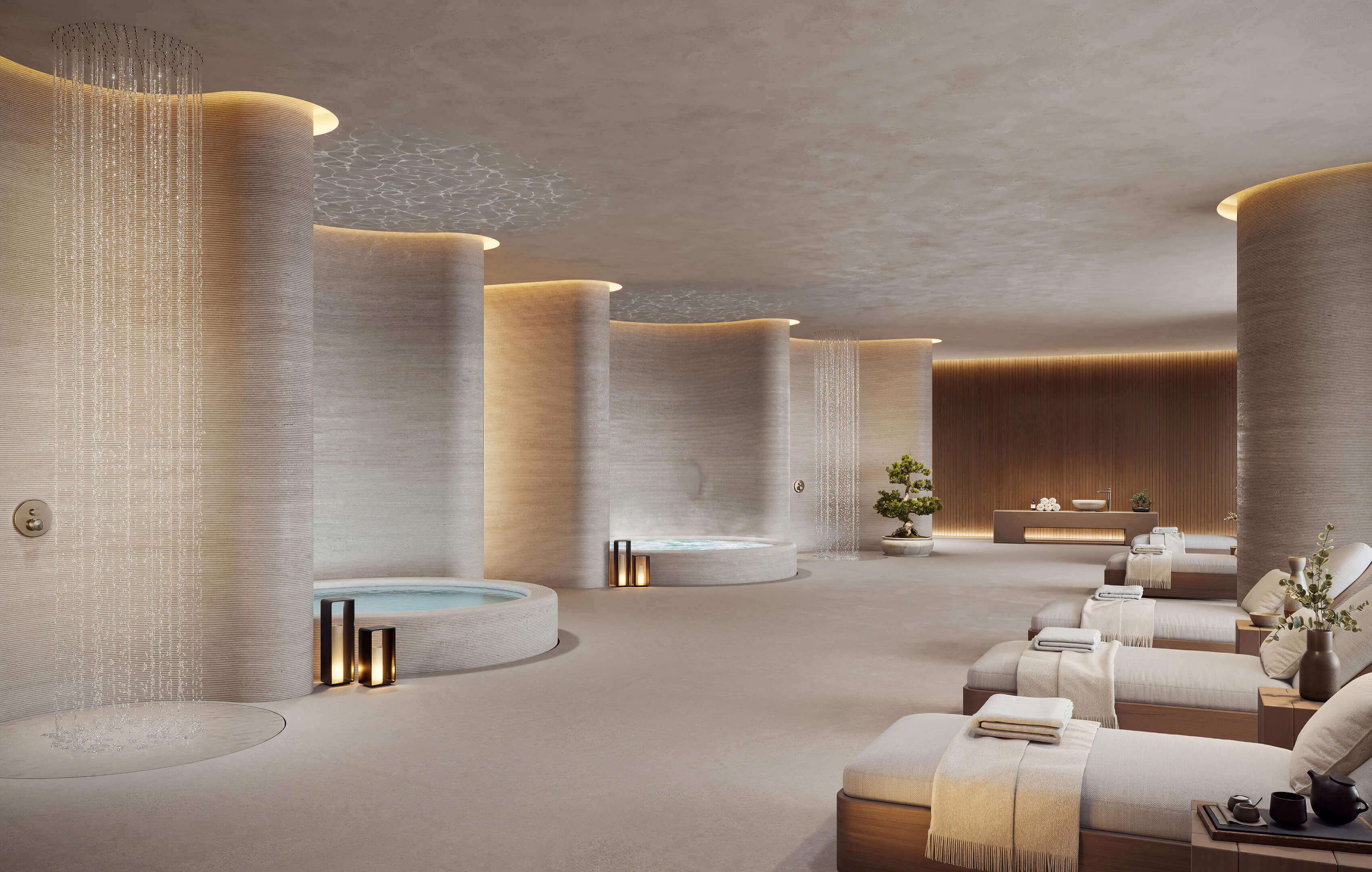 Luxury wellness spa at 619 Brickell Residences with relaxation beds, hydrotherapy pools, and calming interiors