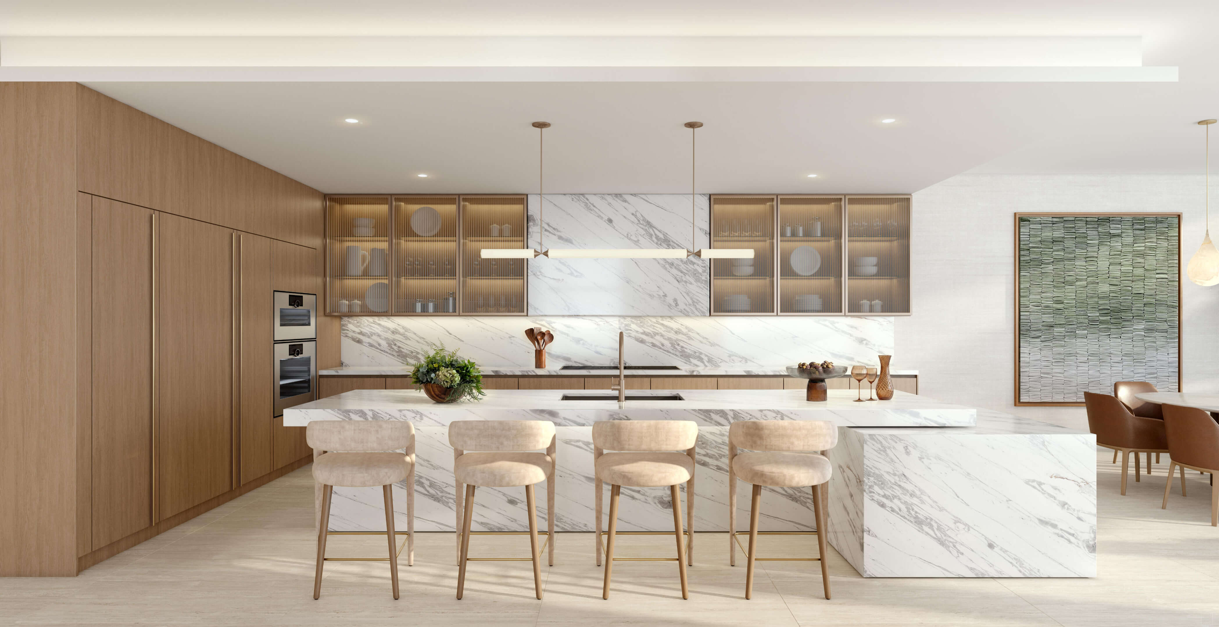 Modern marble kitchen at 619 Brickell Residences with wood cabinetry, island seating, and bright luxury finishes