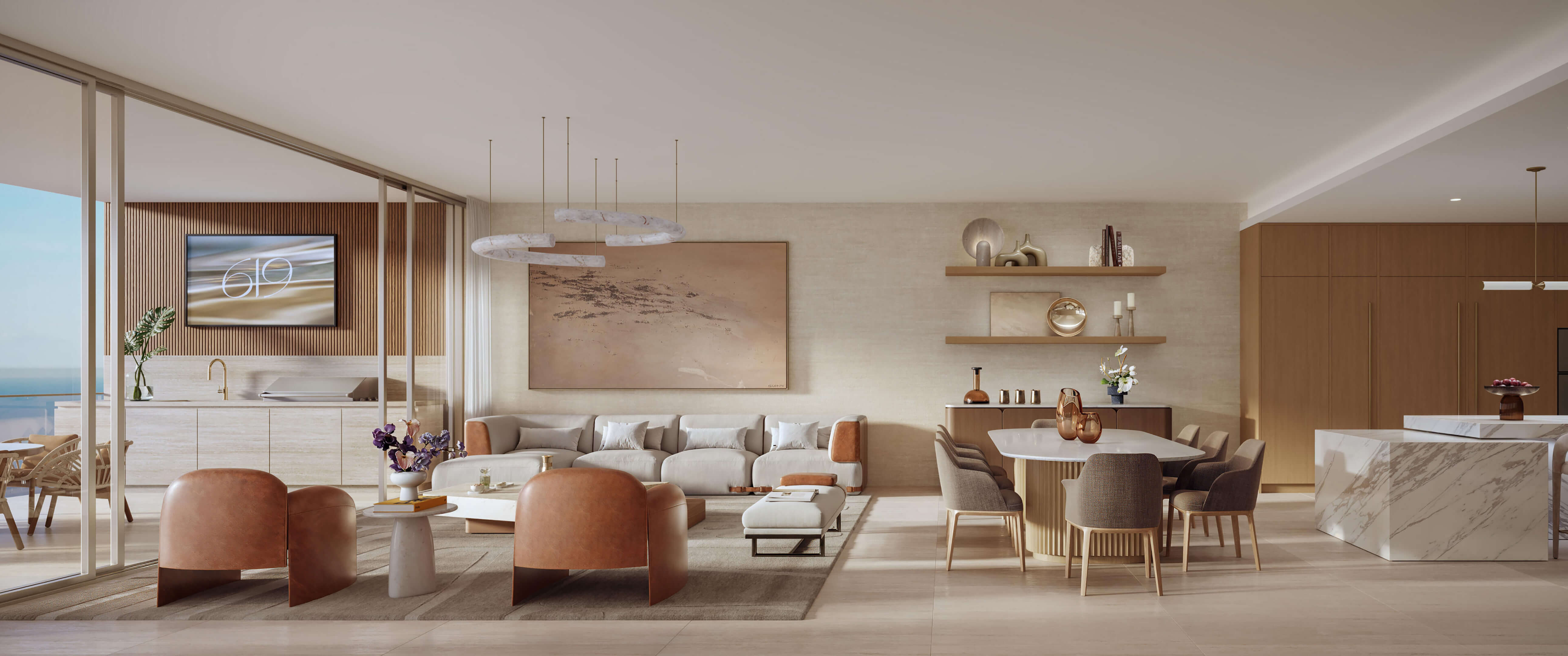 Open living, dining, and kitchen area at 619 Brickell Residences with modern finishes and private terrace access