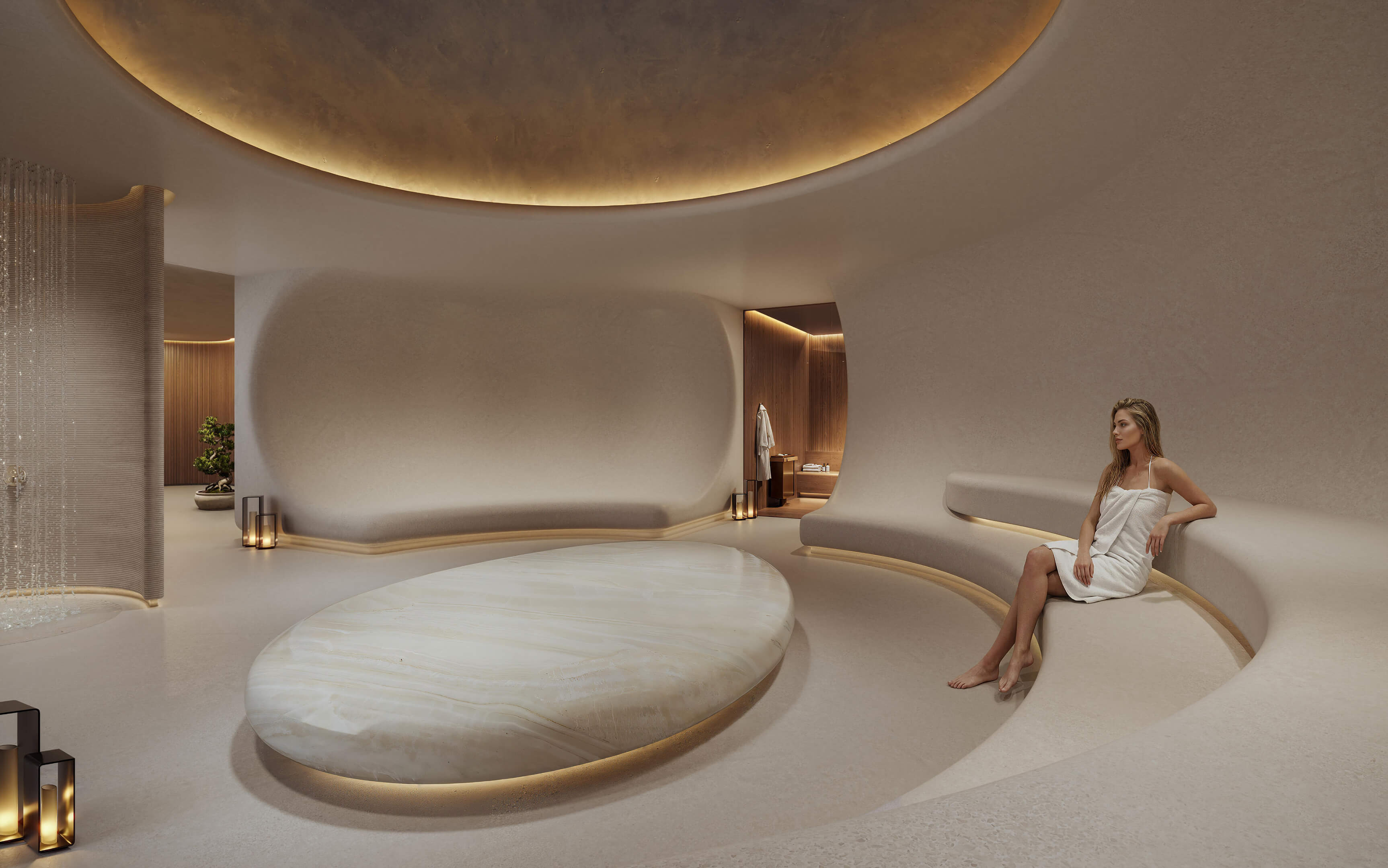 Spa relaxation suite at 619 Brickell Residences with curved seating, warm lighting, and serene wellness design