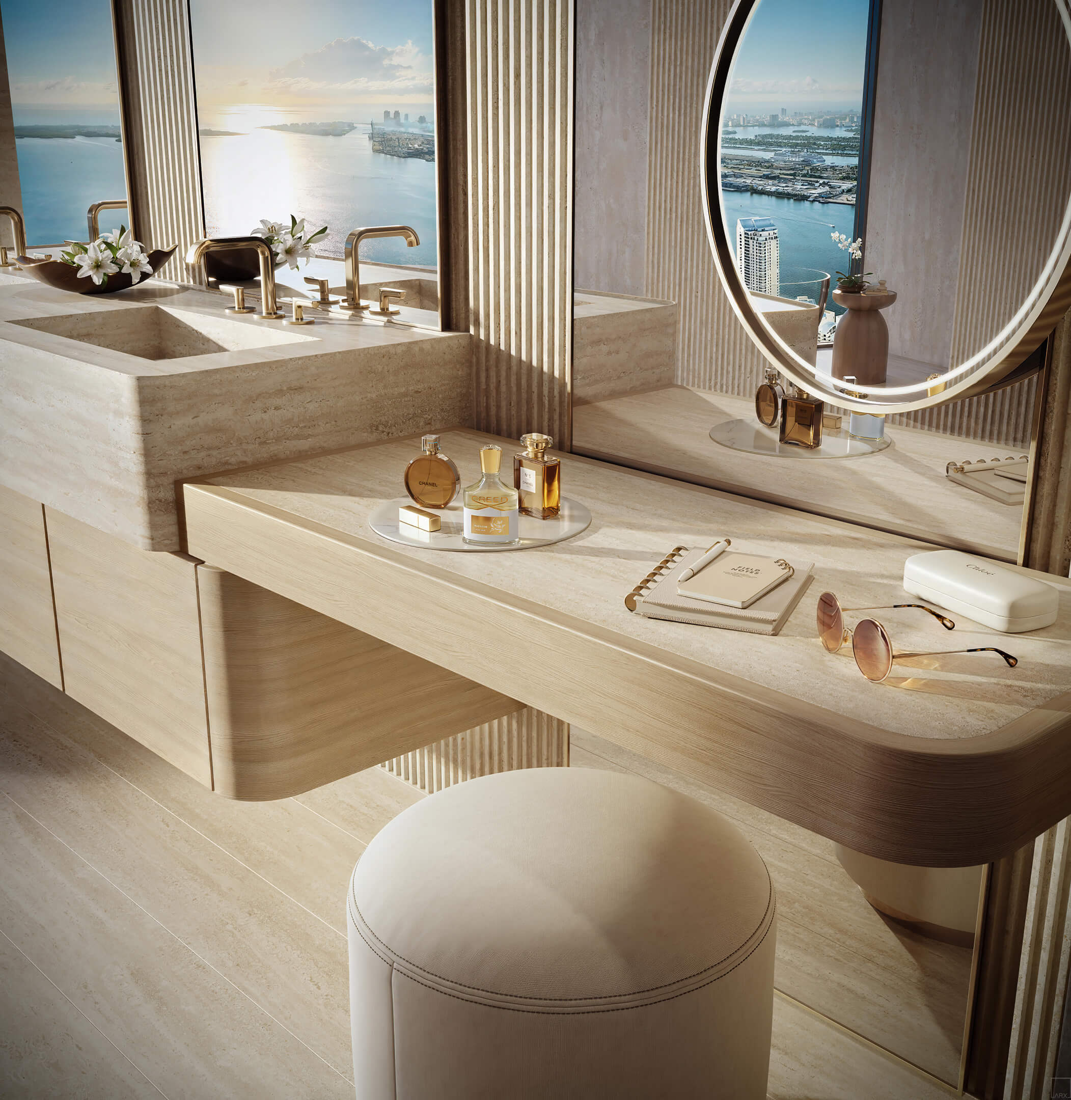Elegant bathroom vanity at 619 Brickell Residences with round mirror, stone finishes, and waterfront Miami views