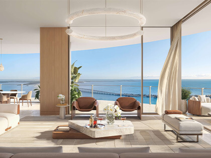 Luxury living room at 619 Brickell Residences with floor-to-ceiling windows and Biscayne Bay views