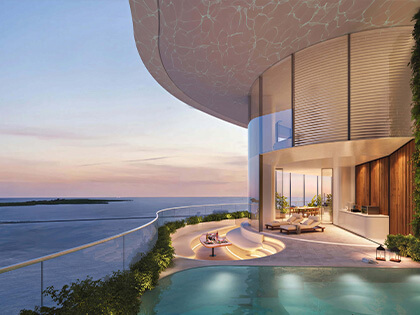 Ocean-view terrace with private pool at 619 Brickell Residences Nobu featuring modern design and sunset skyline