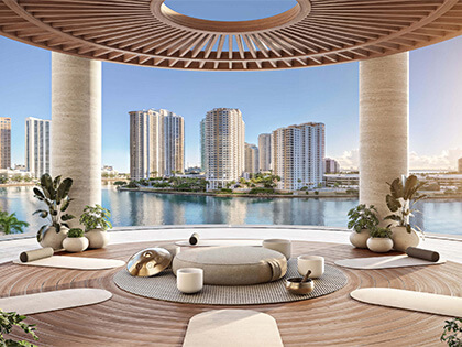 Wellness terrace at 619 Brickell Residences with waterfront views and luxury outdoor relaxation space