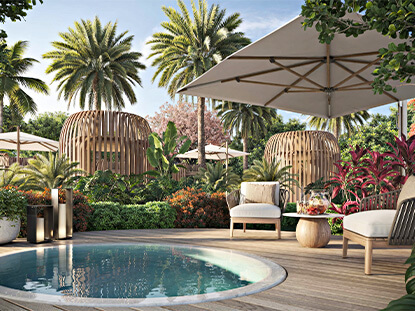 Tropical pool cabanas at Nobu 619 Brickell Residences with lush landscaping and luxury lounge seating