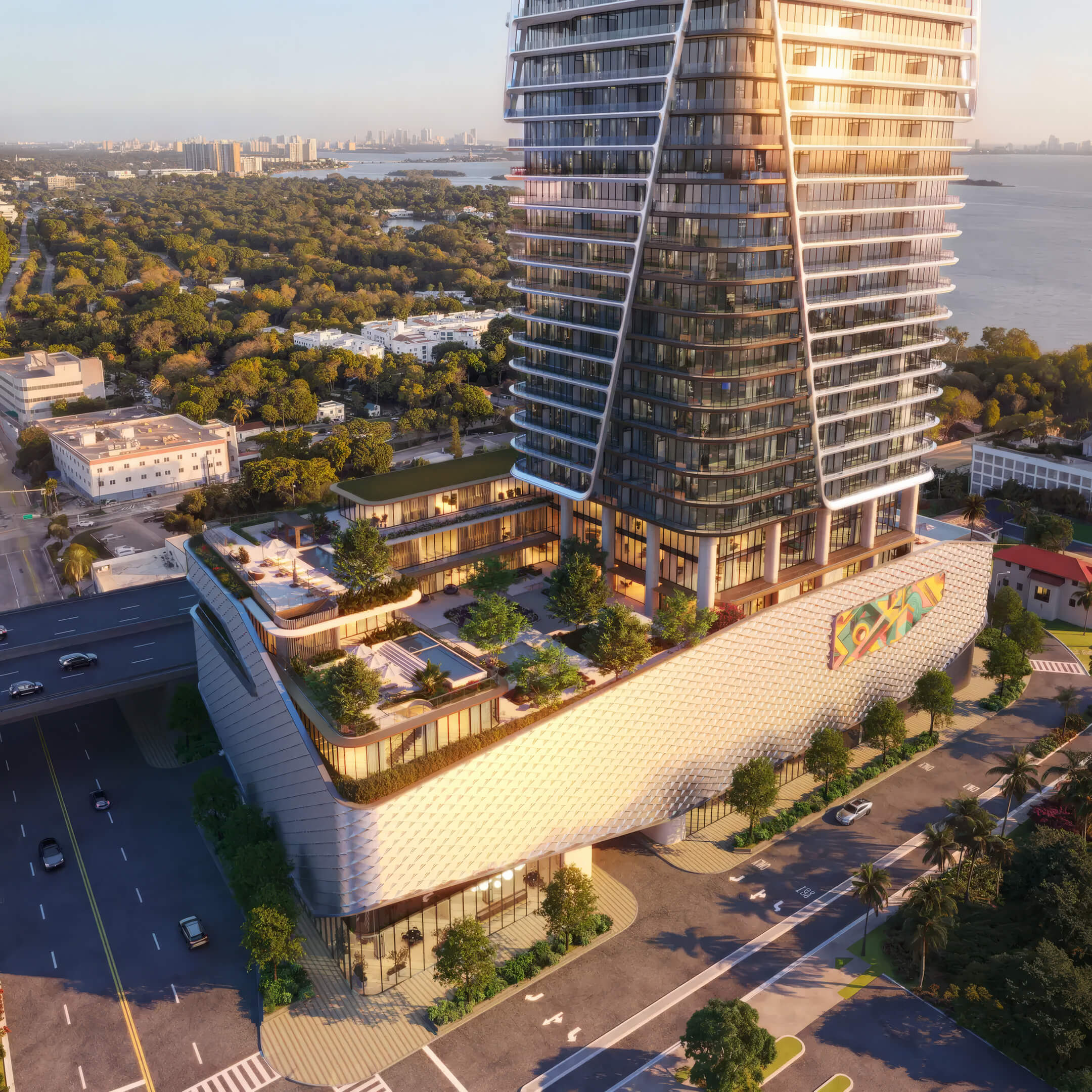 Aerial view of Anantara Resort & Residences podium terrace with luxury landscaping and bay surroundings