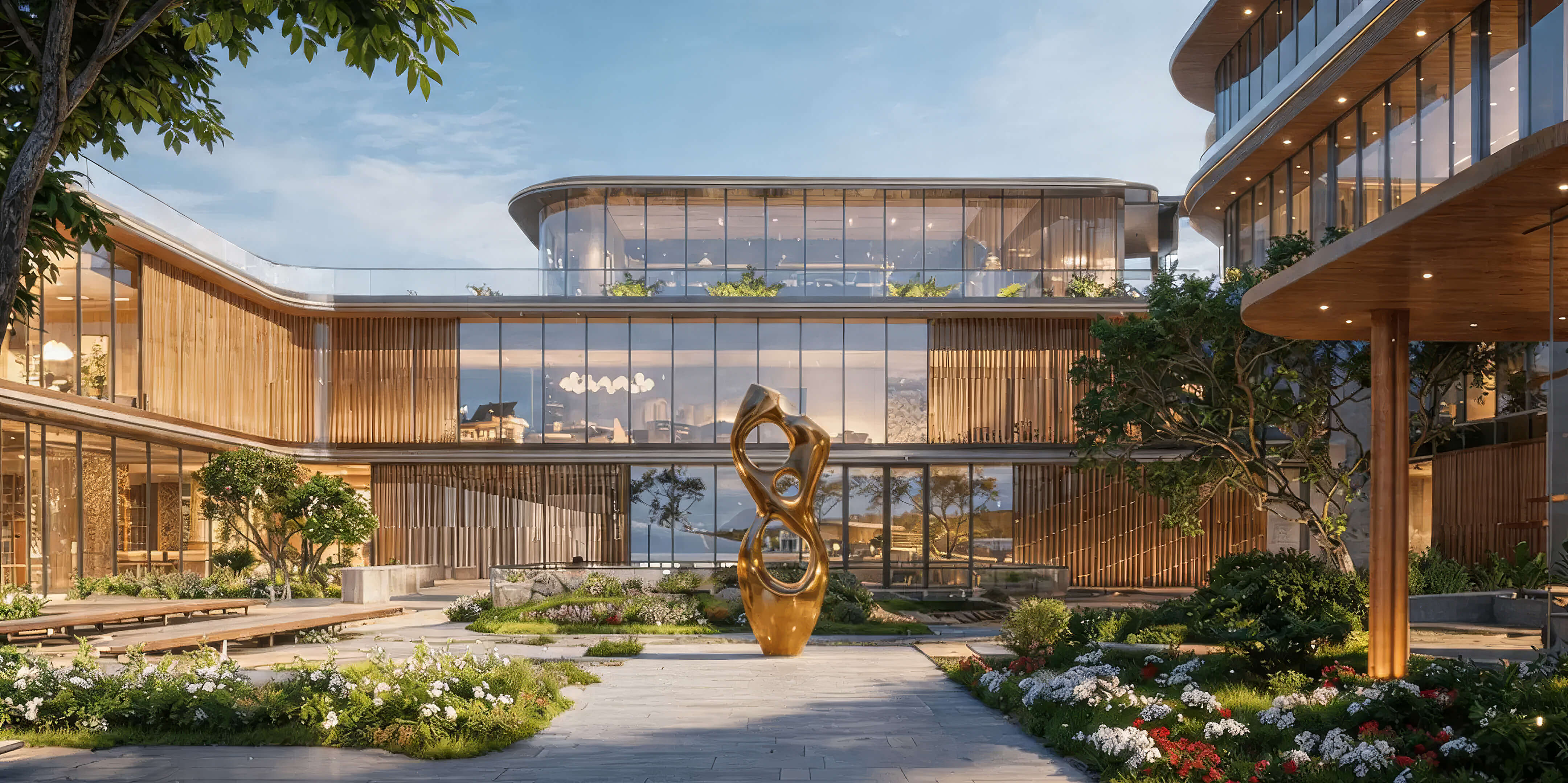 Anantara Resort & Residences landscaped courtyard with glass walls, gardens, and outdoor sculpture