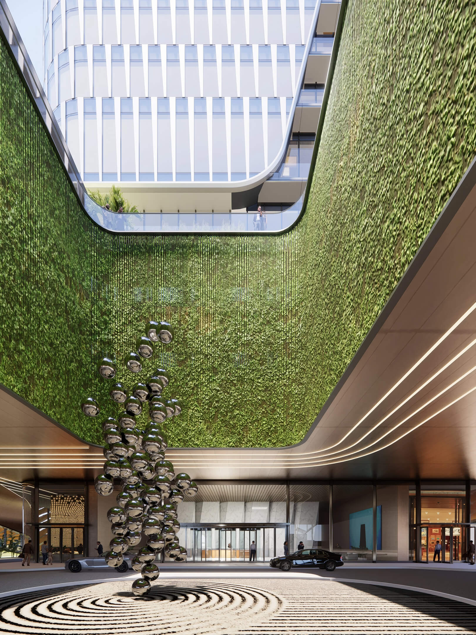 Anantara Resort & Residences Miami green wall arrival with modern sculpture and luxury entry design