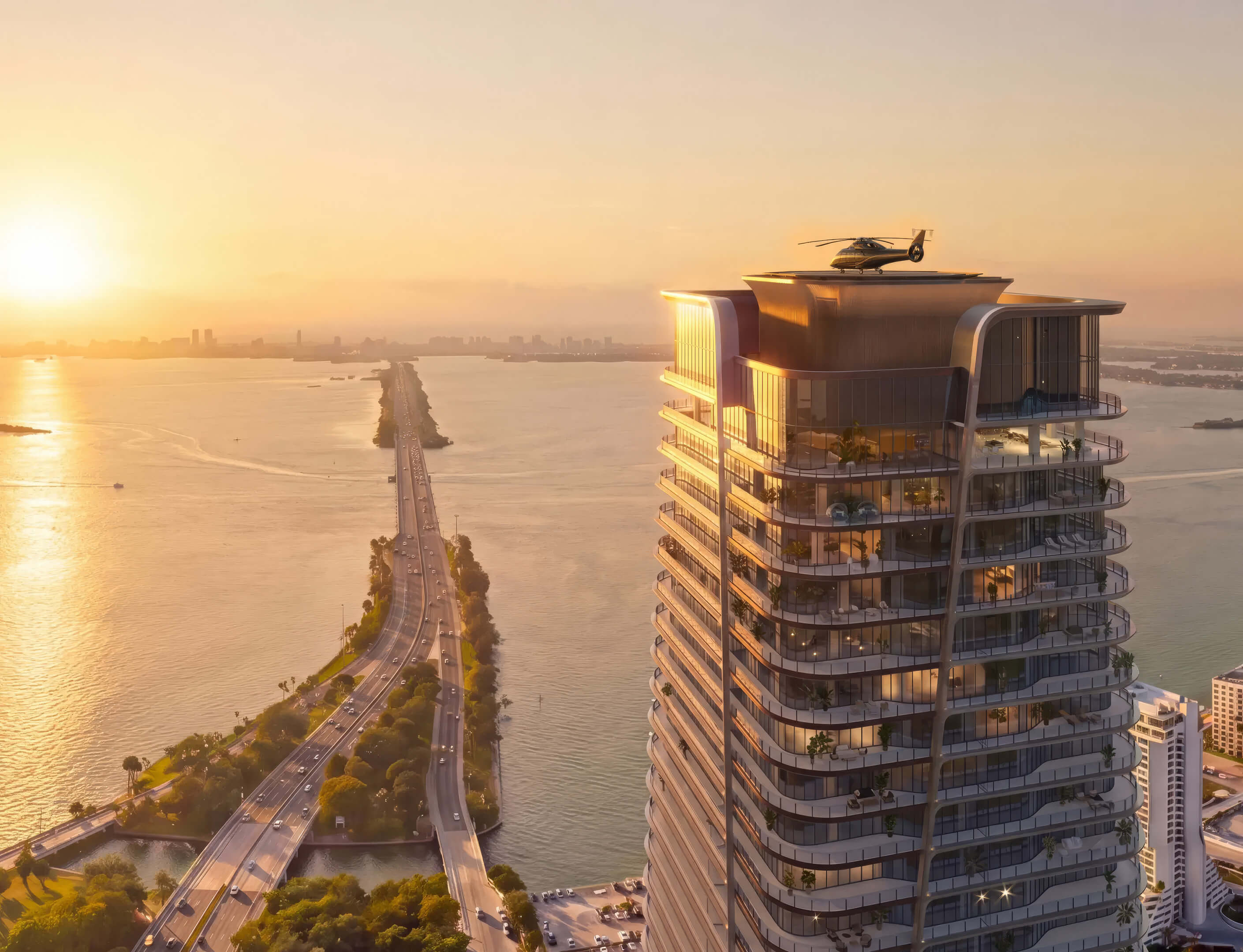 Anantara Resort & Residences Miami penthouse sunset view with rooftop helipad and bay panorama