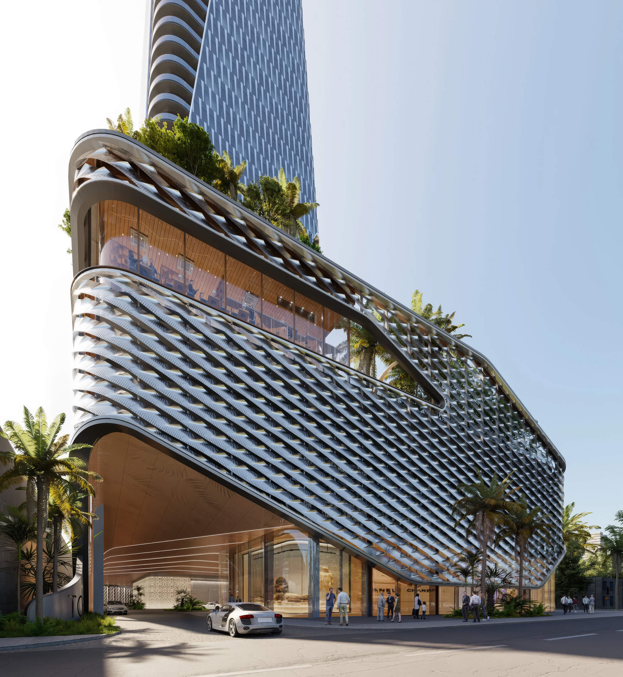 Anantara Resort & Residences modern podium facade with curved glass and tropical landscaping
