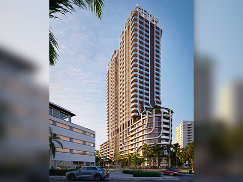 Modern high-rise exterior rendering of Anatomia Miami Residences with curved balconies and rooftop greenery