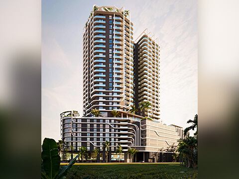 Street-level view of Anatomia Miami Residences showcasing the tall tower design, curved balconies, and tropical landscaping