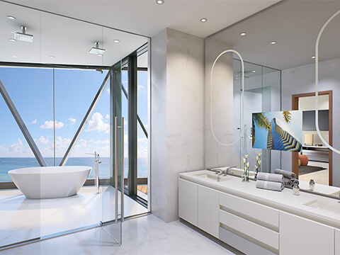 Bentley Residences bathroom with a double vanity, glass shower and freestanding tub