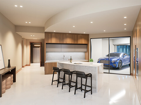 Bentley Residences kitchen with an island beside a glass enclosed car garage