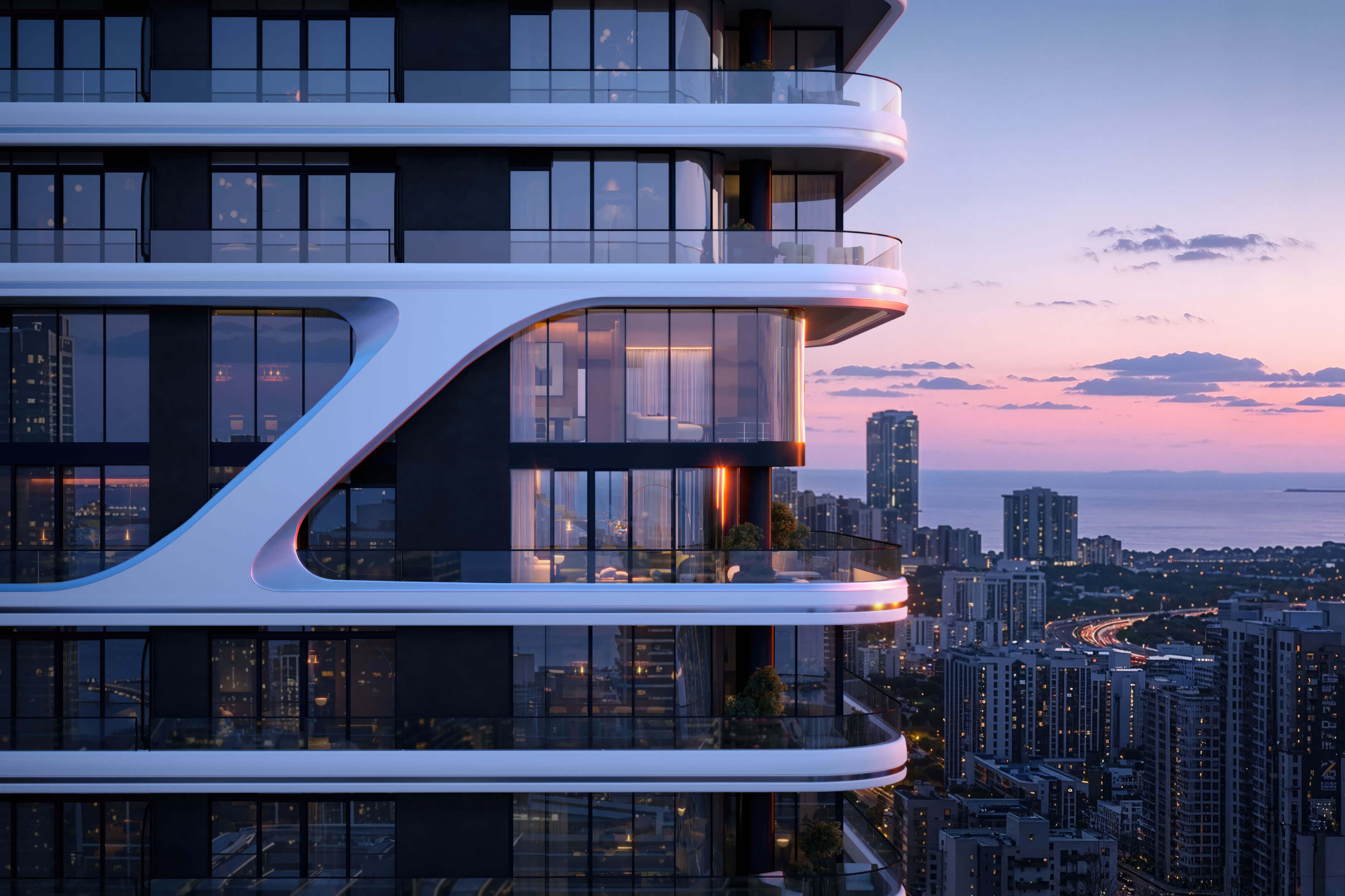 Luxury balconies at Bugatti Residences Miami with contemporary architecture and sunset views