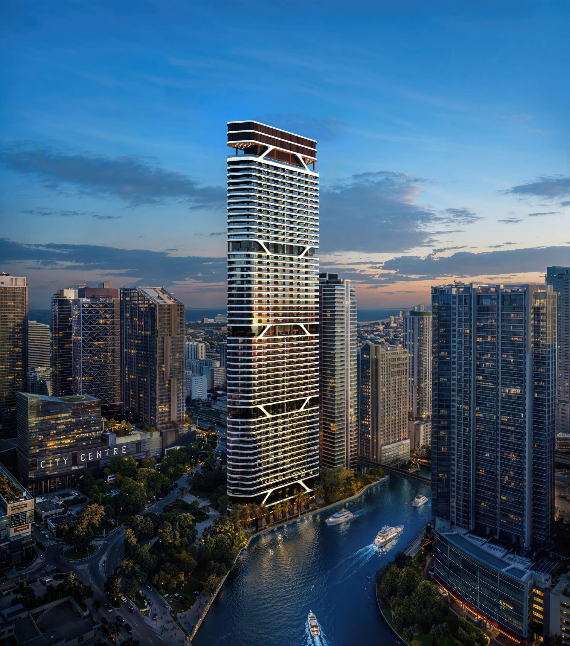 Bugatti Residences Miami luxury waterfront tower surrounded by a modern city skyline