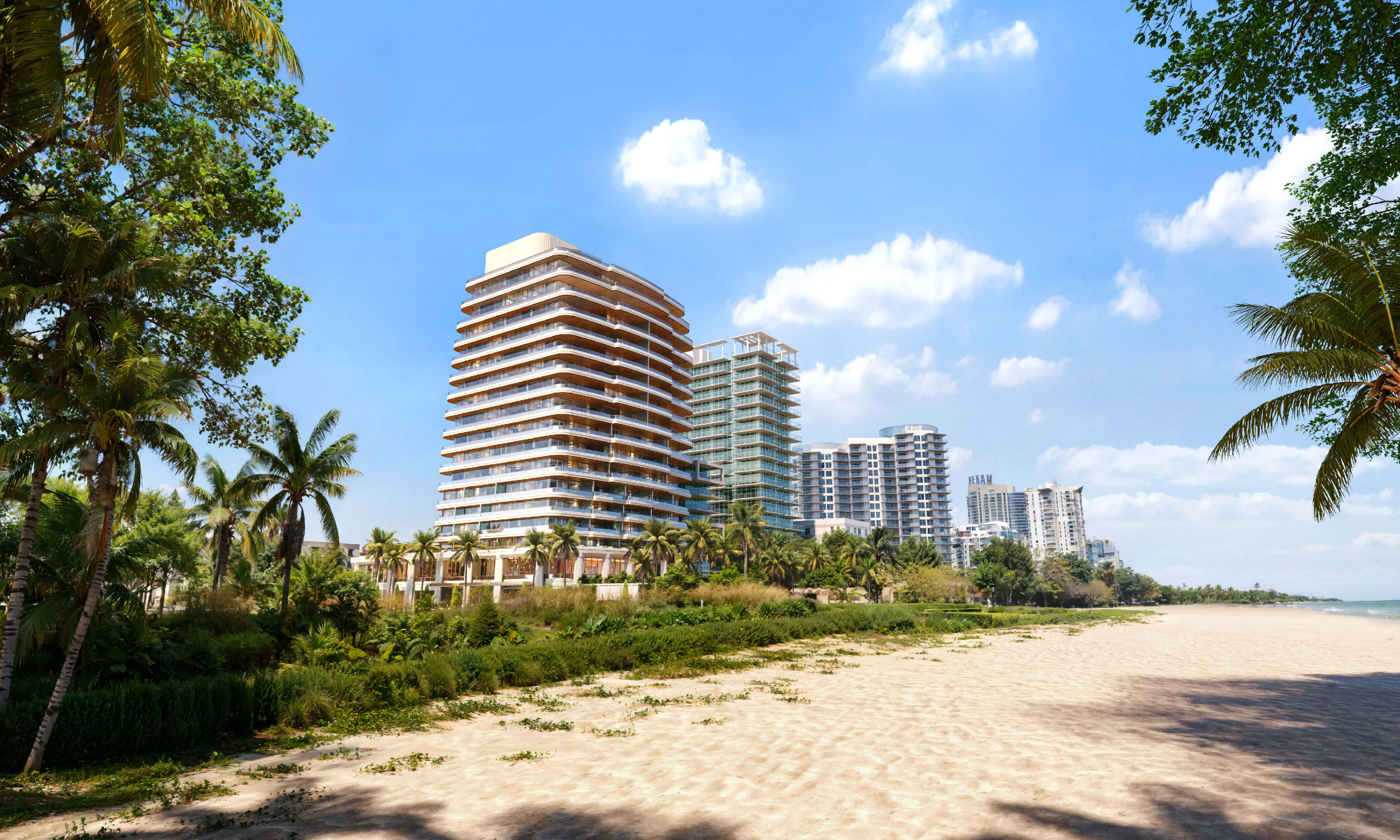 Beach view of Casa Cipriani Miami Beach surrounded by palm trees and nearby towers.
