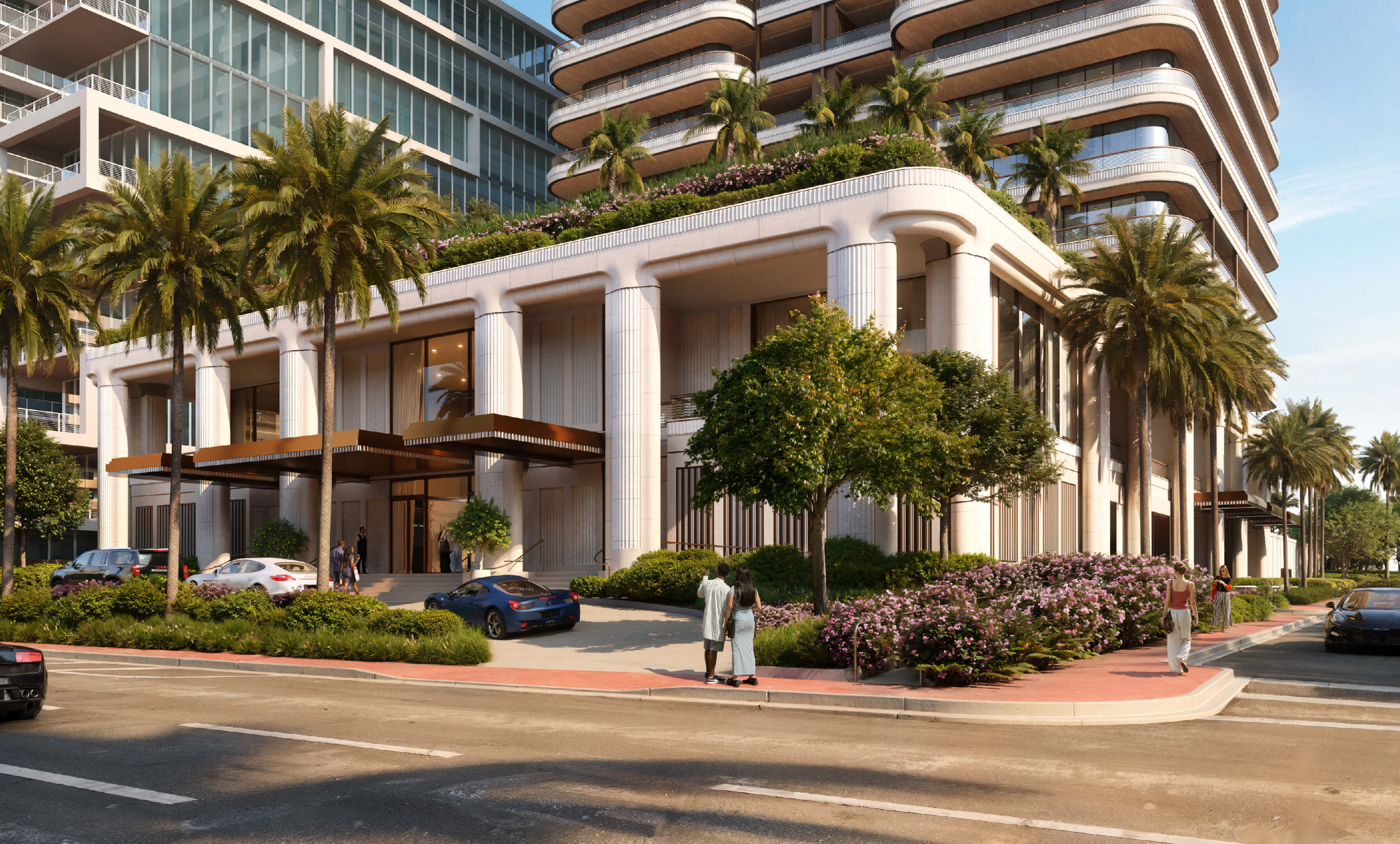 Close-up of the elegant entrance and driveway of Casa Cipriani Miami Beach.