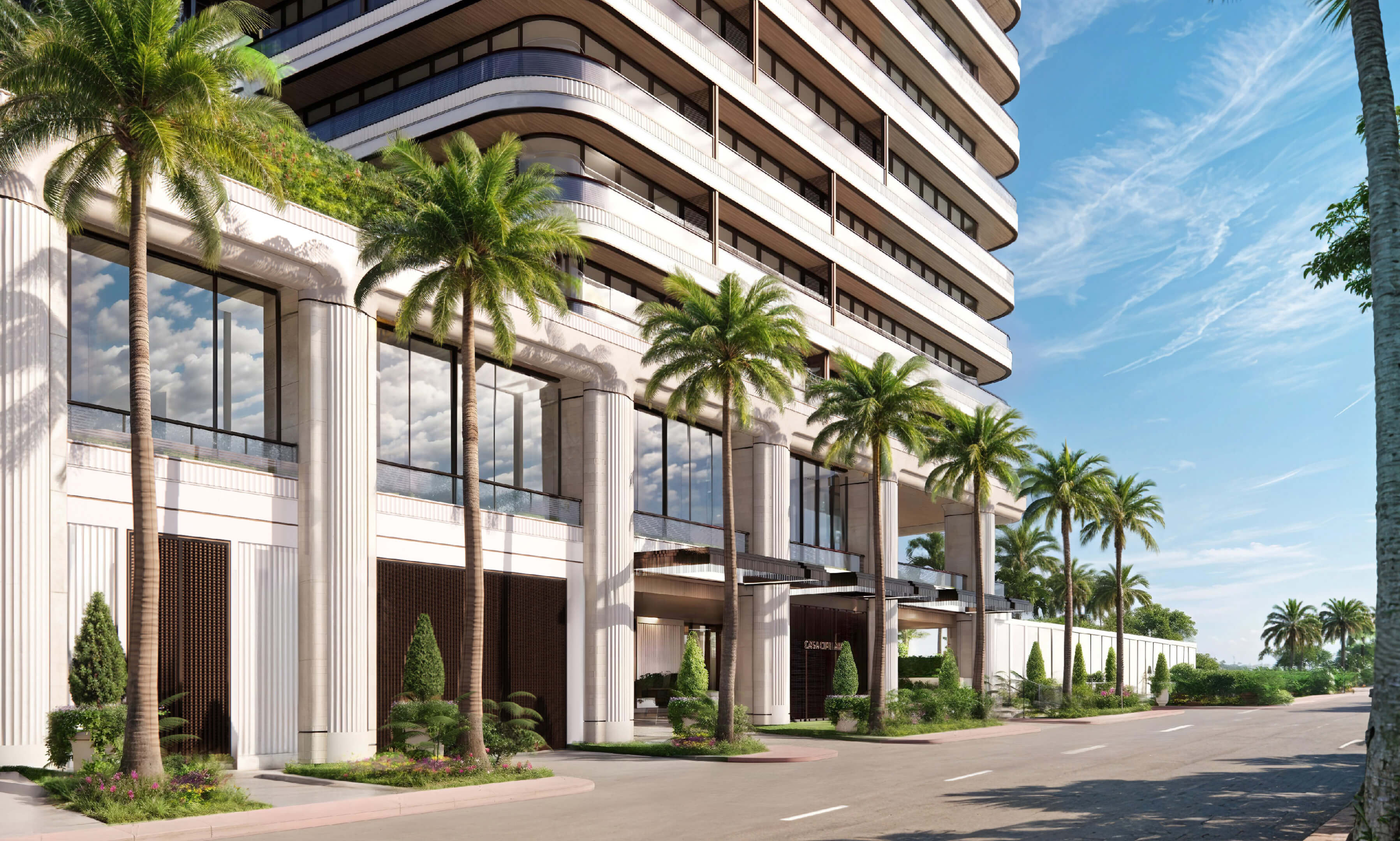 Architectural close-up of the facade of Casa Cipriani Miami Beach with palm trees.