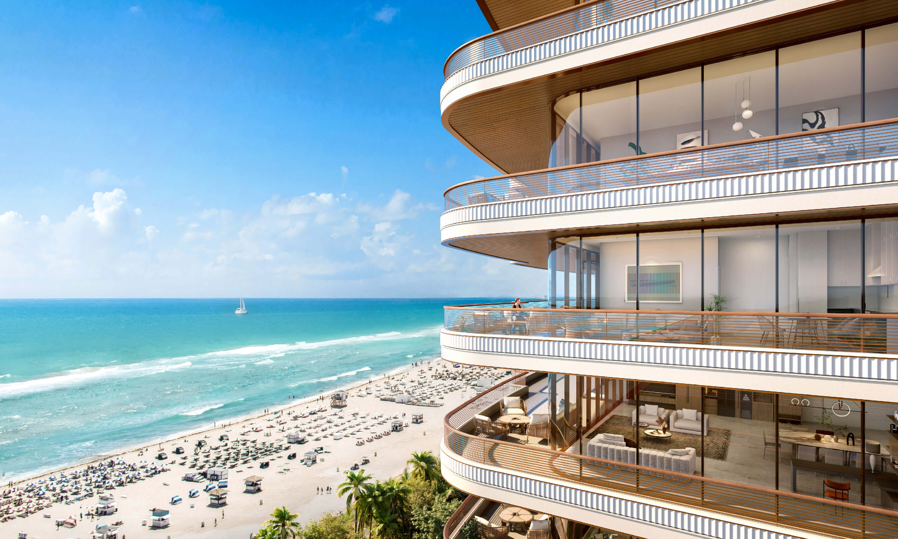 Oceanfront balconies of Casa Cipriani Miami Beach overlooking the beach and sea.