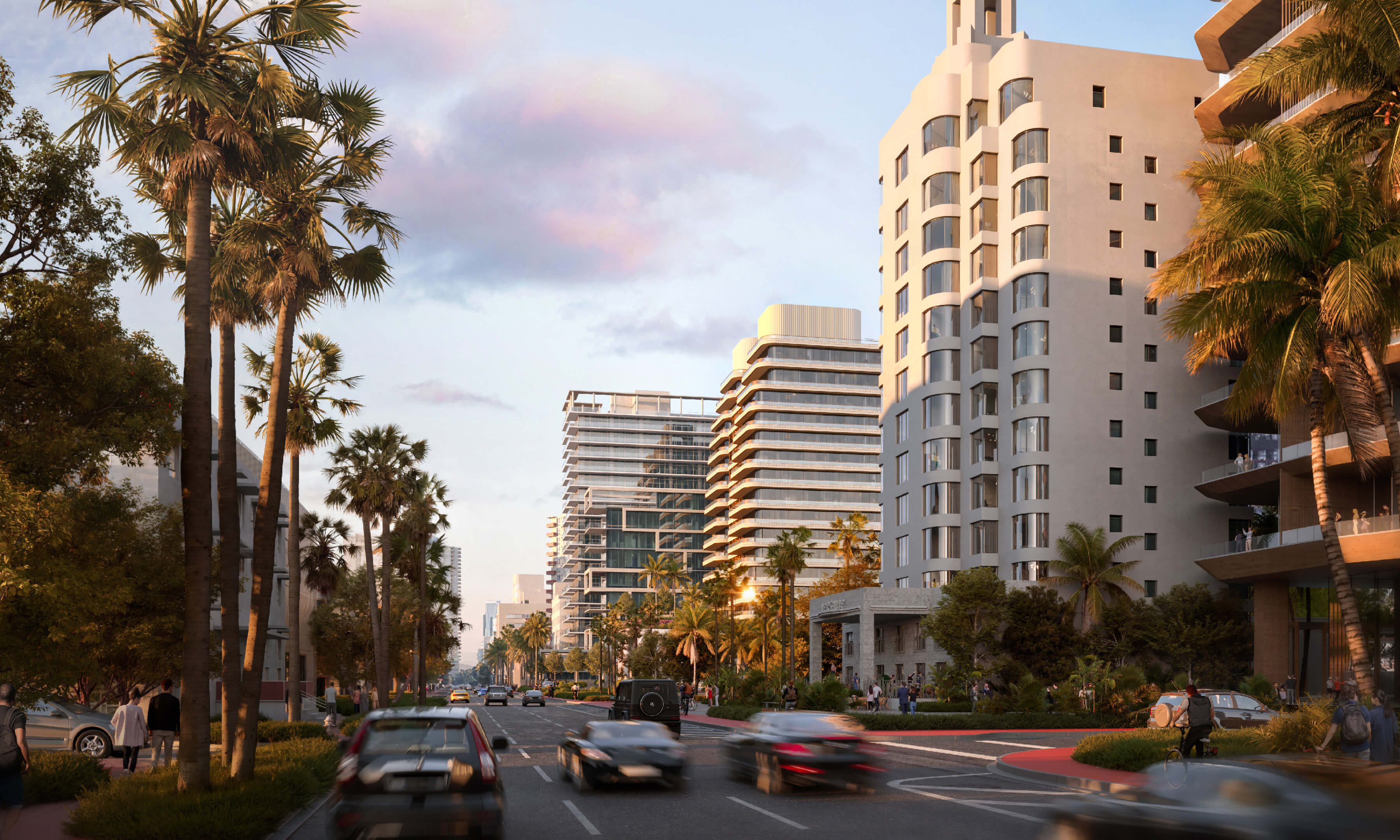 Street view perspective of Casa Cipriani Miami Beach with nearby modern and historic buildings at sunset.