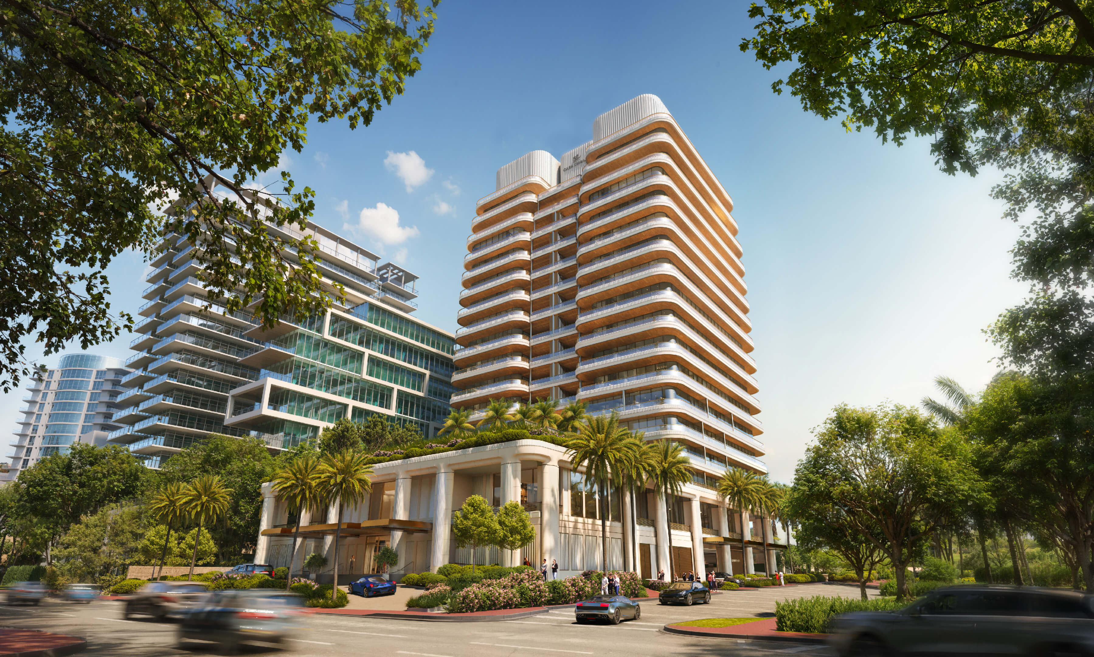 Street-level view of Casa Cipriani Miami Beach with palm-lined entrance.