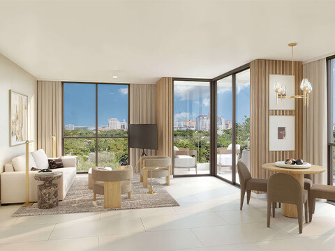 Cassia Residences Coral Gables corner living room with city views, floor-to-ceiling windows, and elegant dining area